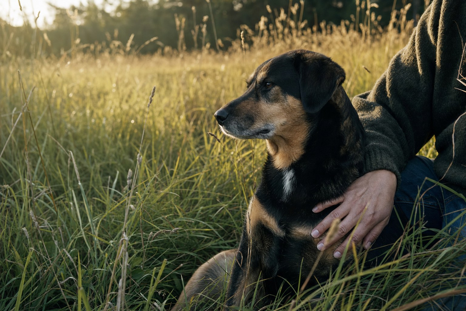 A dog sitting beside a person in a sunlit meadow