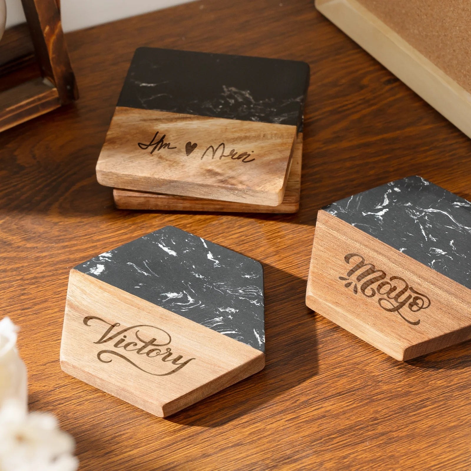 Personalized marble and wood coasters
