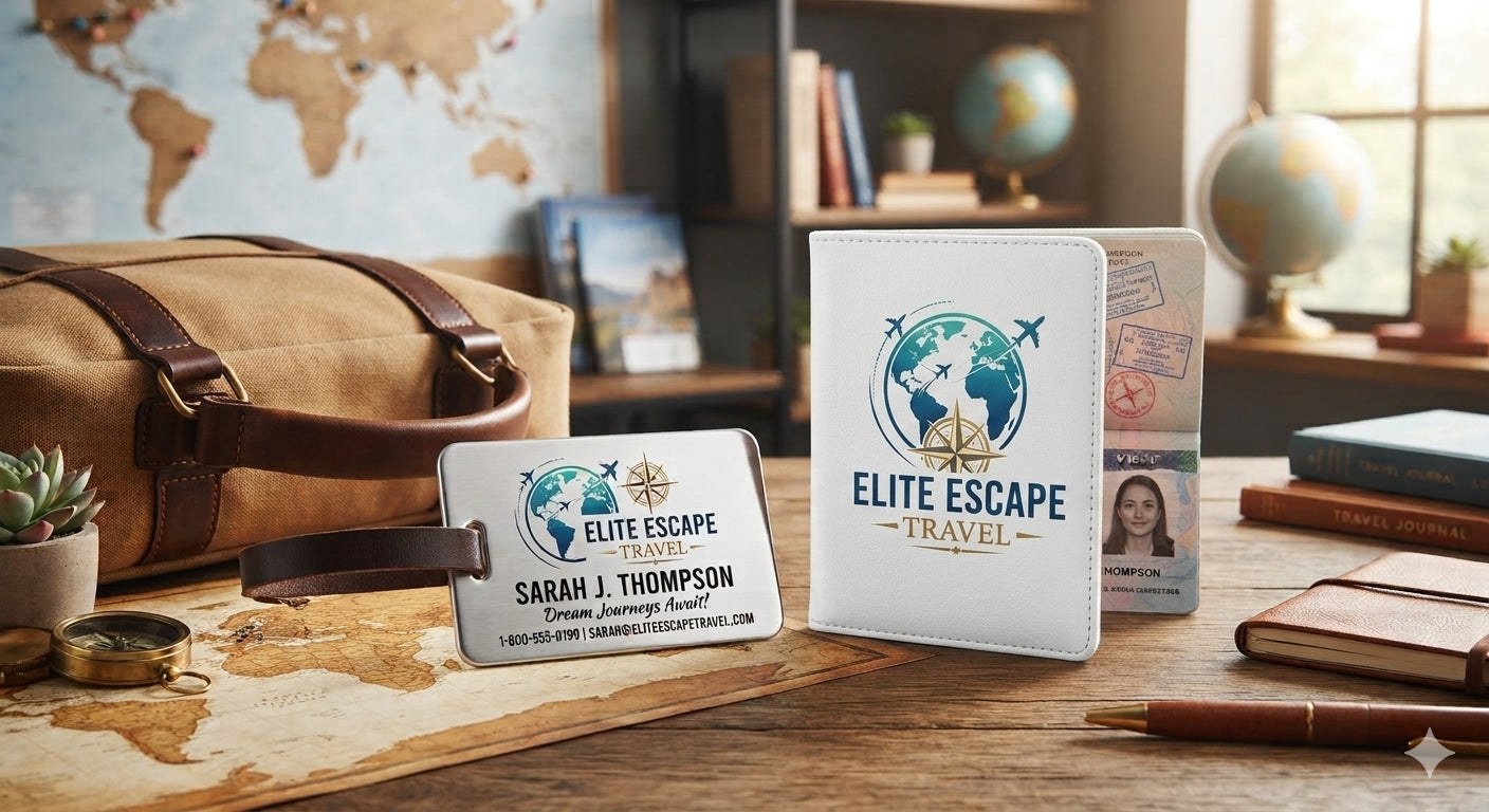 Essential kit illustration with a customized passport cover and matching luggage tag