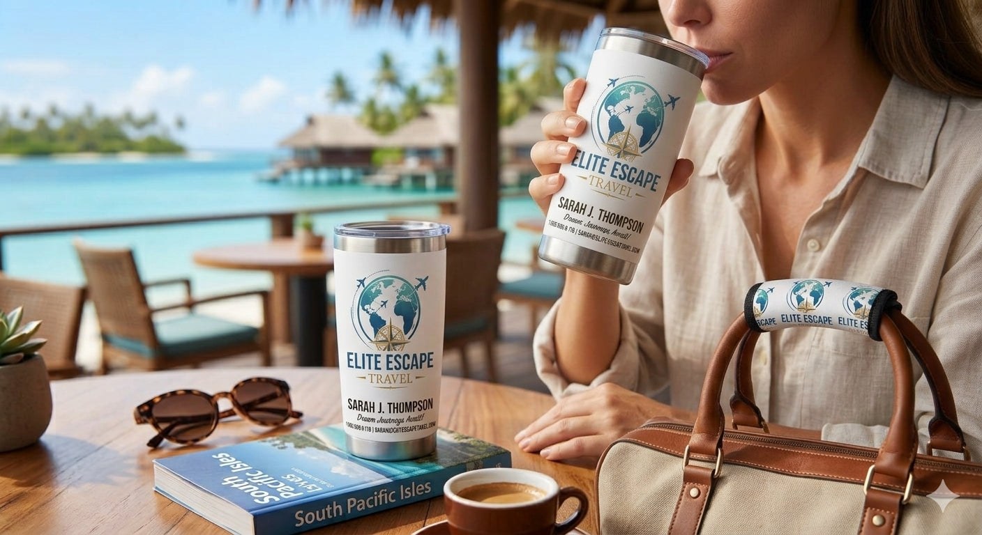 Explorer kit illustration with personalized travel tumblers and a matching neoprene luggage handle wrap
