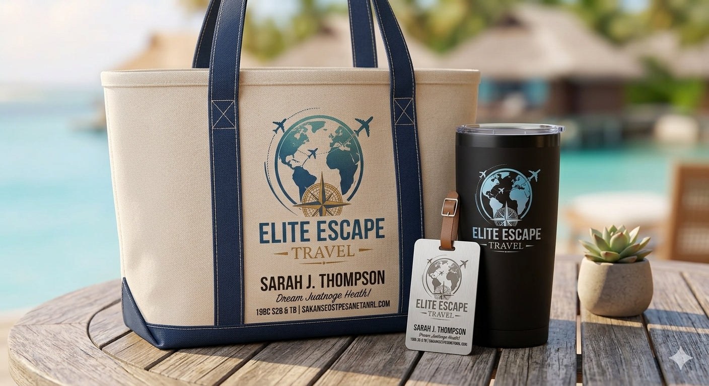 Luxury kit illustration with a personalized heavy canvas boat tote, matching tumbler, and luggage tag