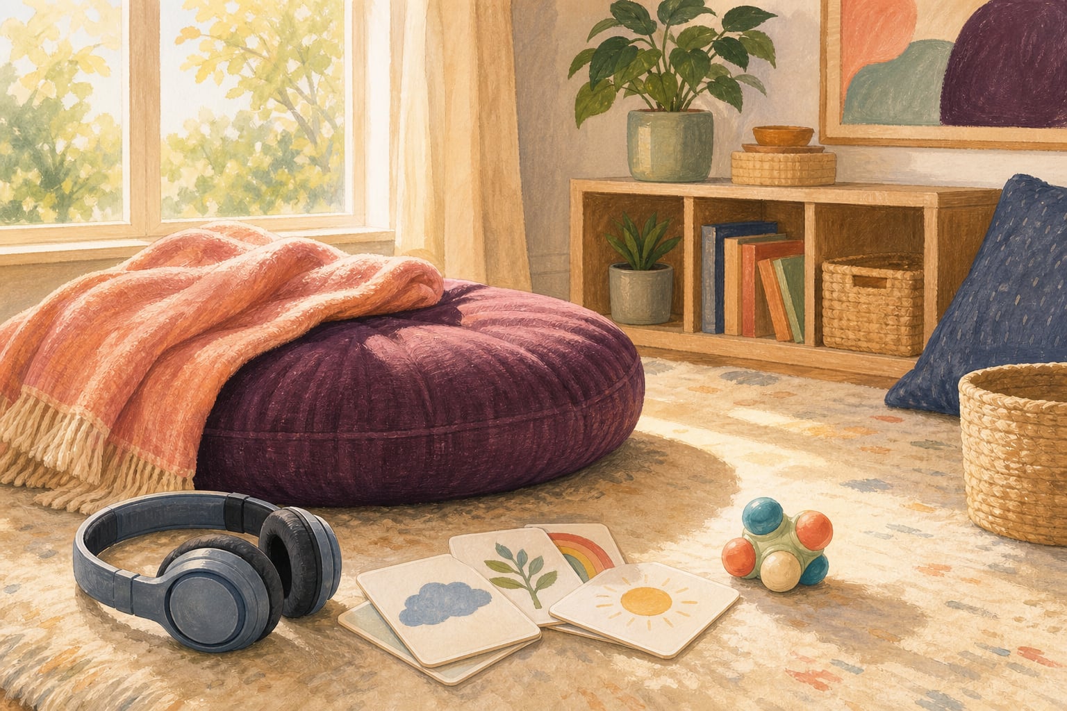 A cozy calm corner with headphones, picture cards, a blanket, and a fidget toy