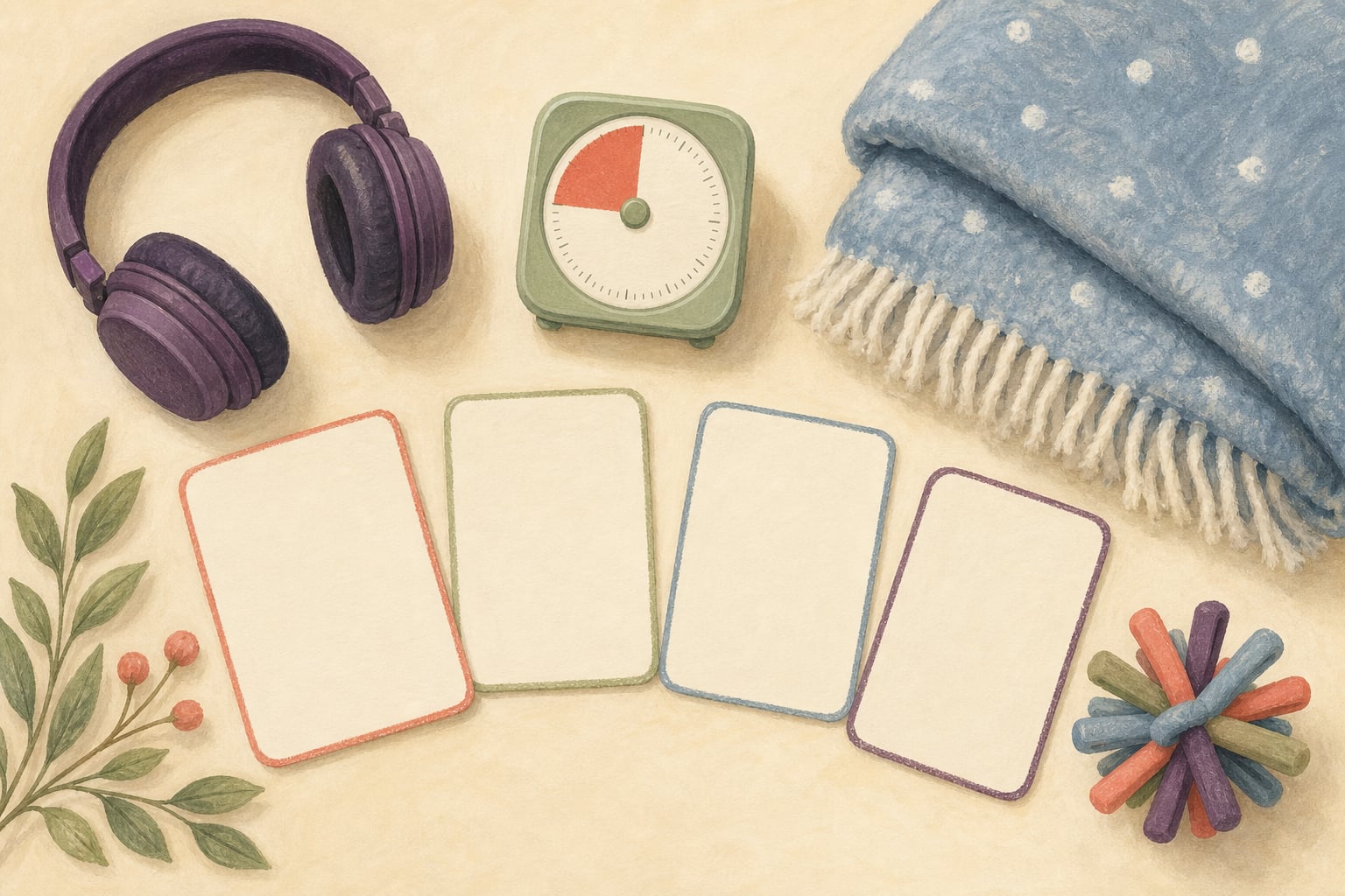 Headphones, a timer, blank visual cards, a soft blanket, and a fidget toy arranged as a calming plan