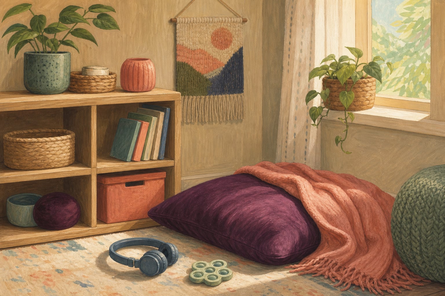 A calm sensory break corner with floor cushions, a soft blanket, headphones, books, and a fidget toy