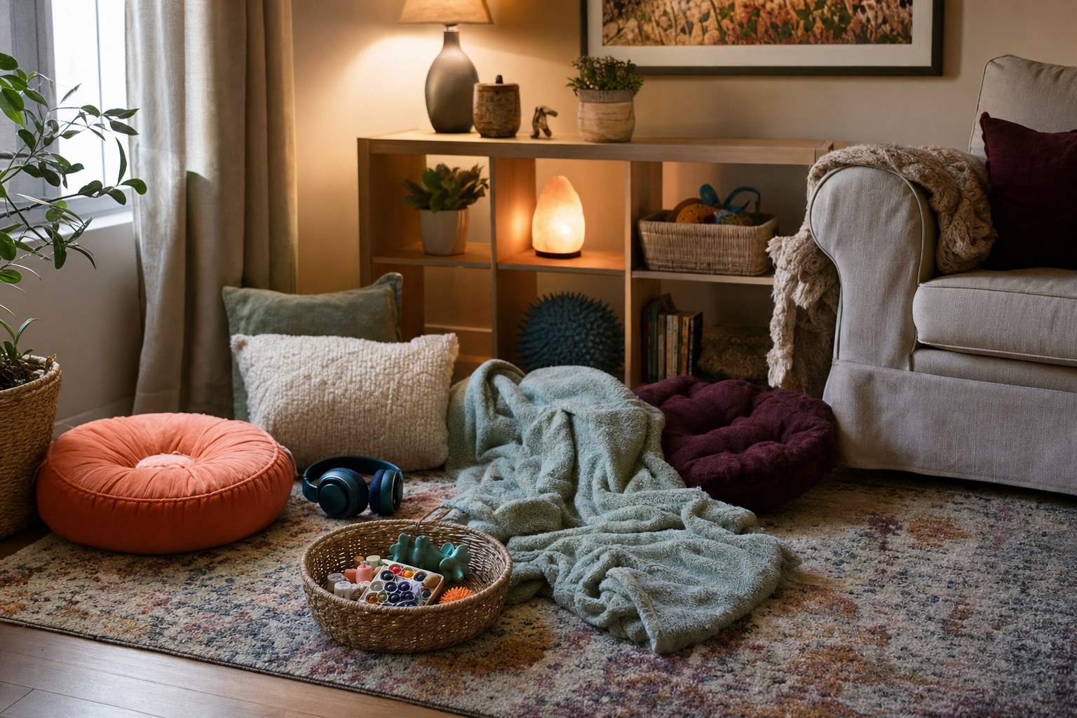 A cozy home calm corner with cushions, a blanket, headphones, and a basket of fidget toys