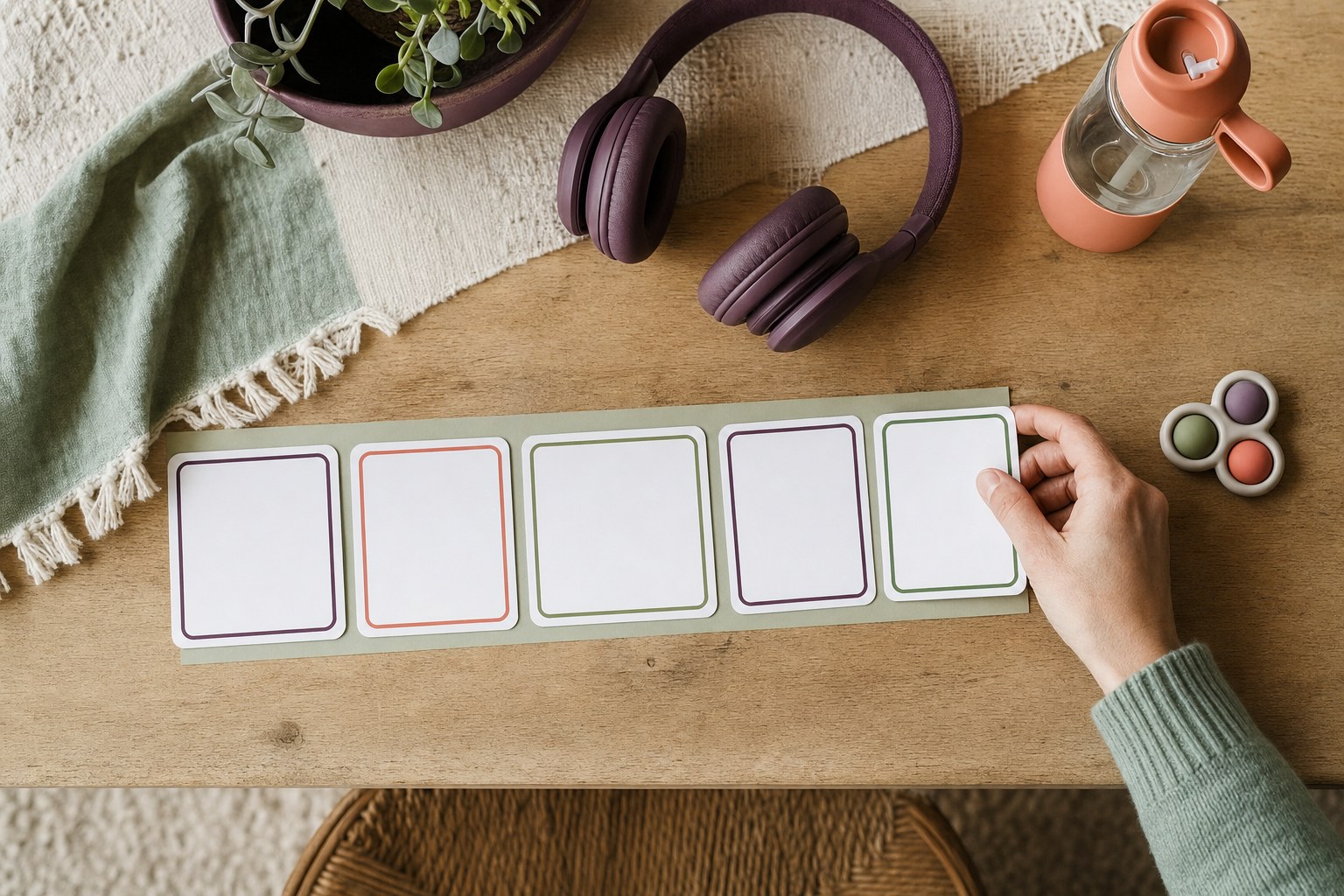 A parent setting out blank visual cards, headphones, a water bottle, and a fidget as a simple sensory support plan