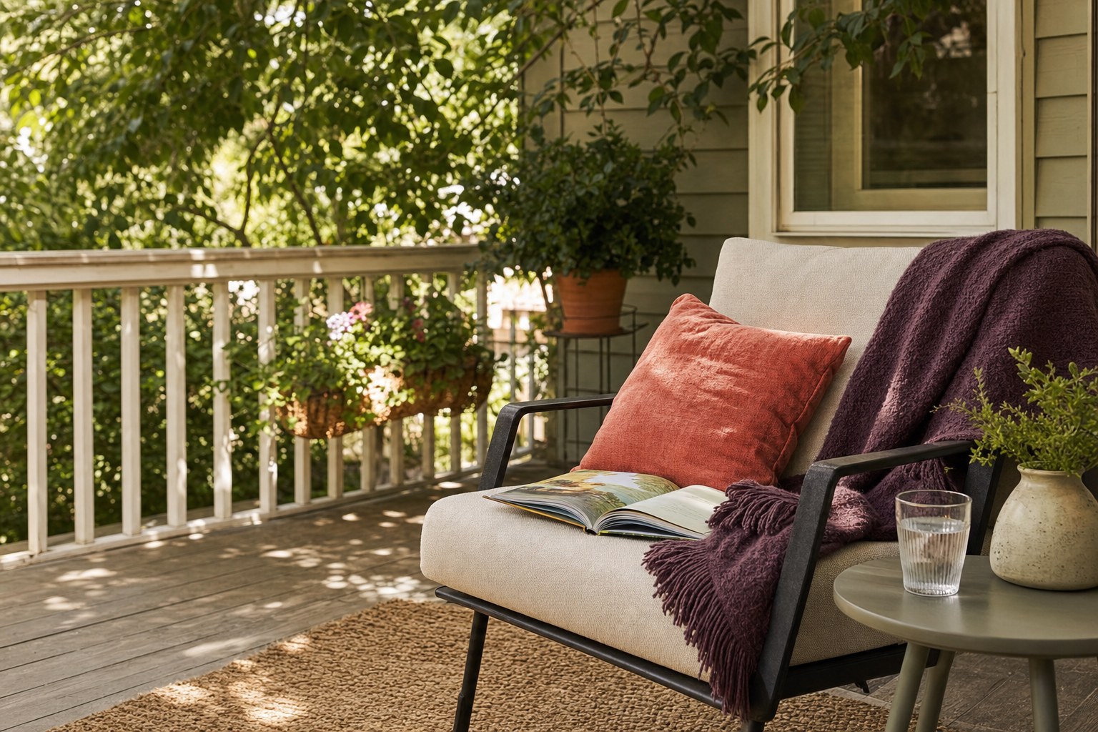 A peaceful porch chair with a soft blanket, water, and an open picture book in leafy shade