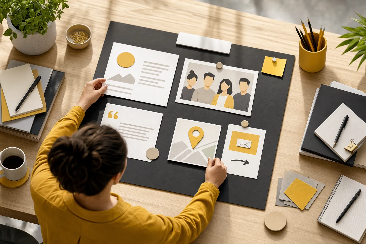Small business owner arranging a company story, team image, location, and contact plan on a desk