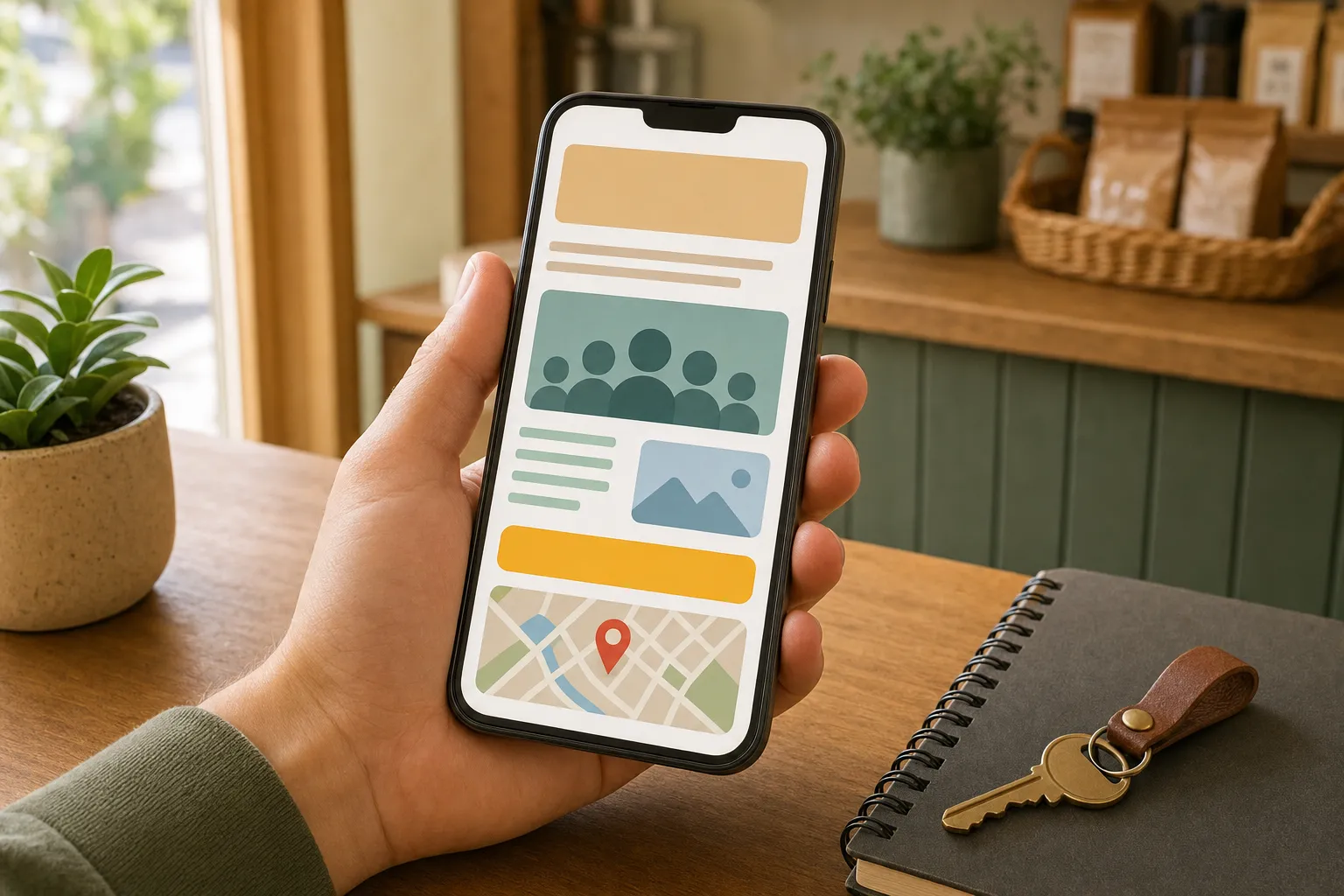 Hand holding a phone with a clear company story, team section, location, and action button