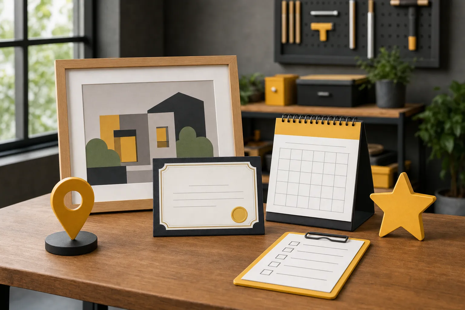 Project image, certificate, calendar, location marker, and checklist arranged as small-business proof