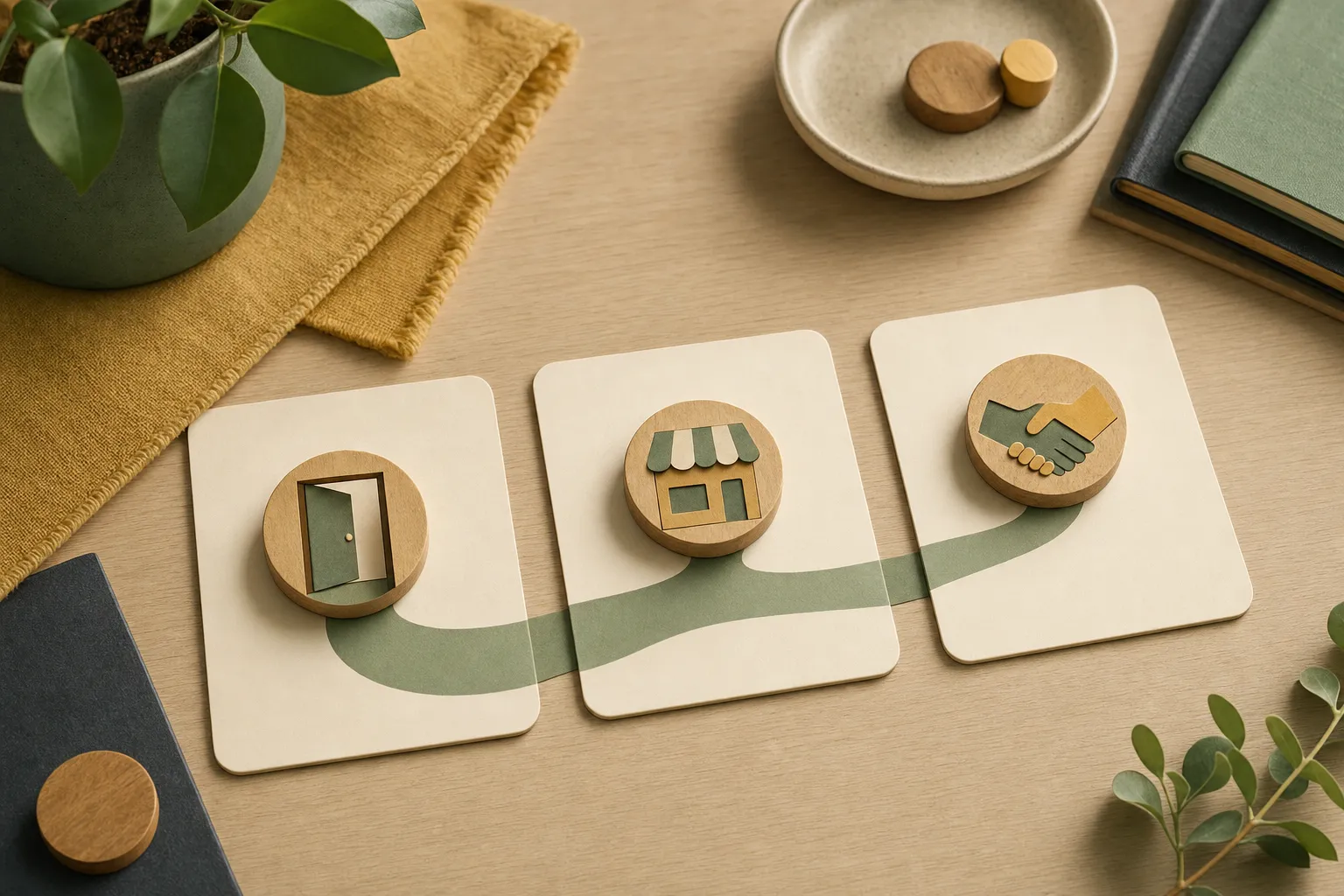 Three connected cards showing an open door, small storefront, and handshake as a simple business story