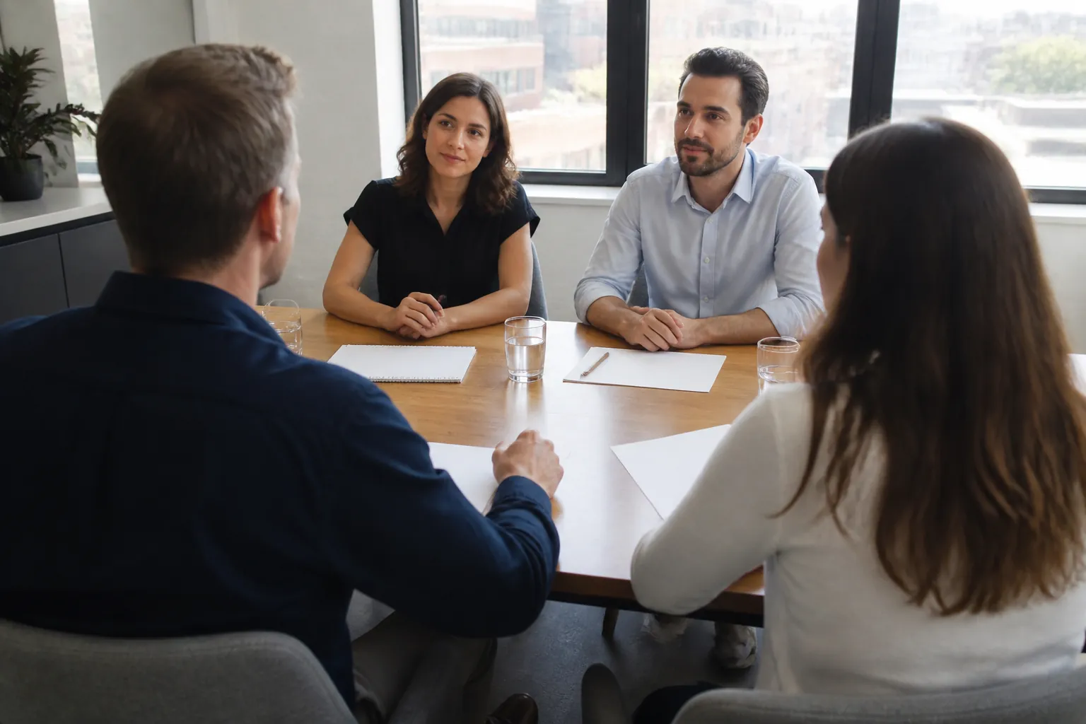 Client planning meeting with blank documents on the table