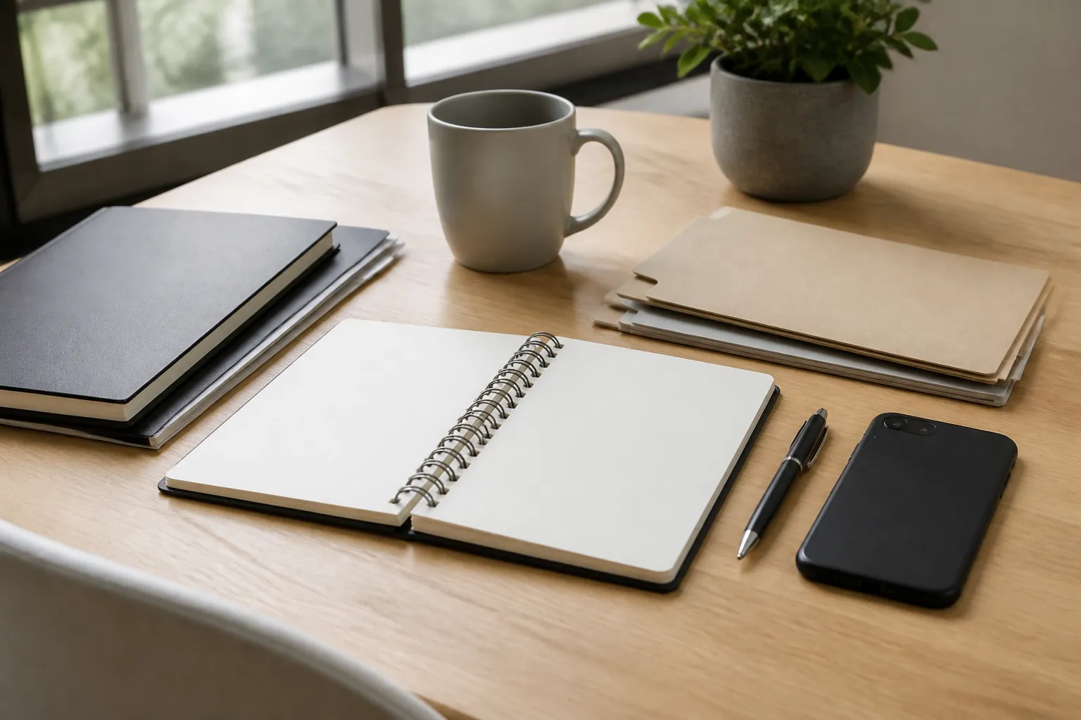 Client relationship planning workspace with blank notebook and folders