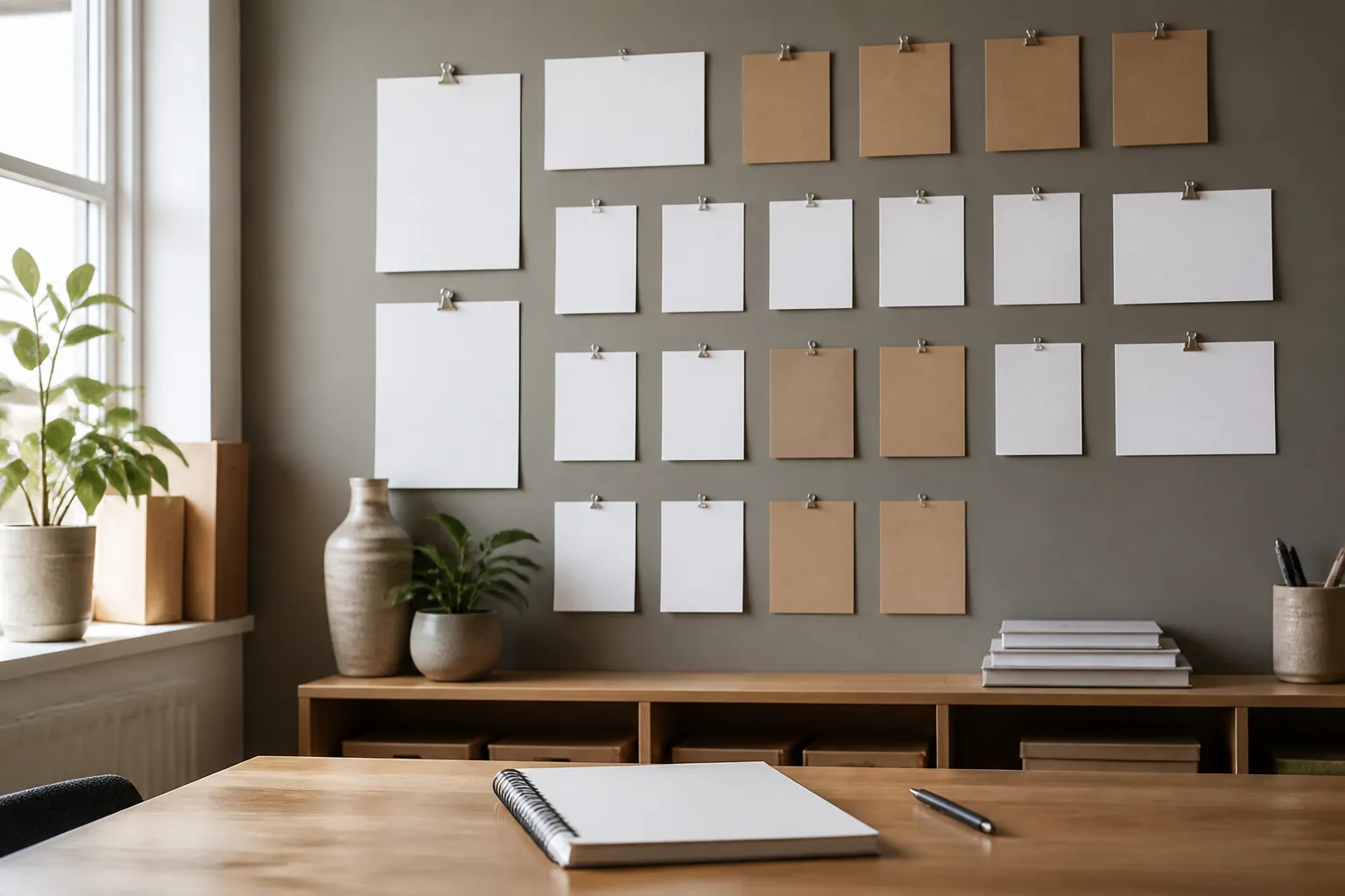 Organized website planning wall with blank cards and notebook