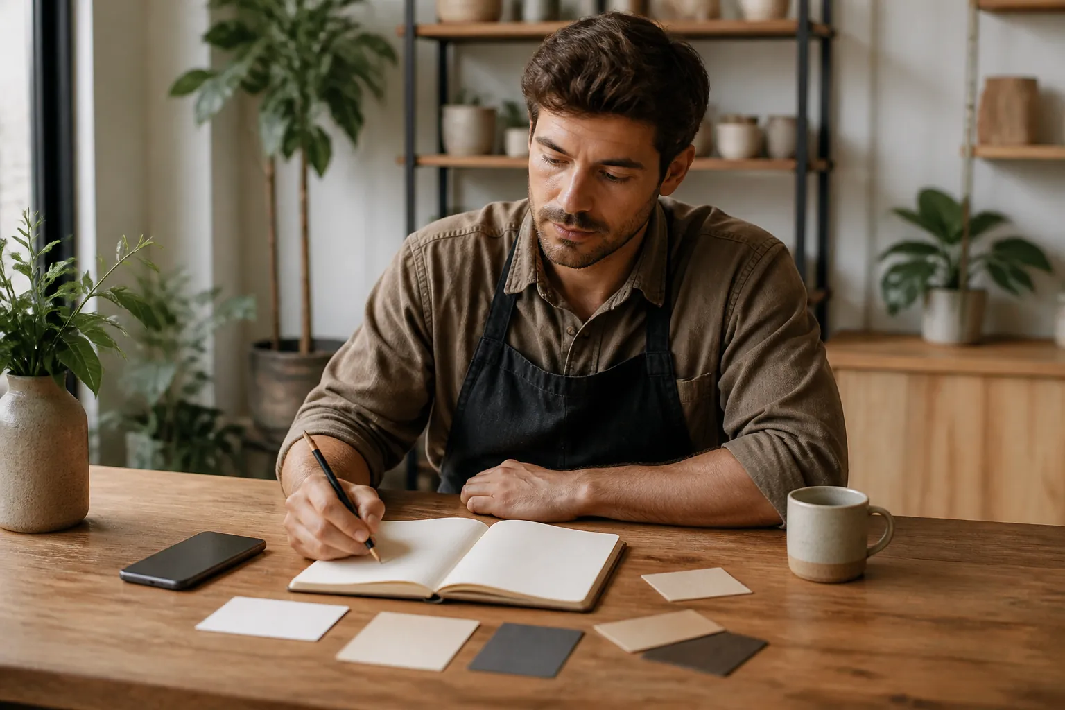 Small business owner planning a website with blank notebook and notes