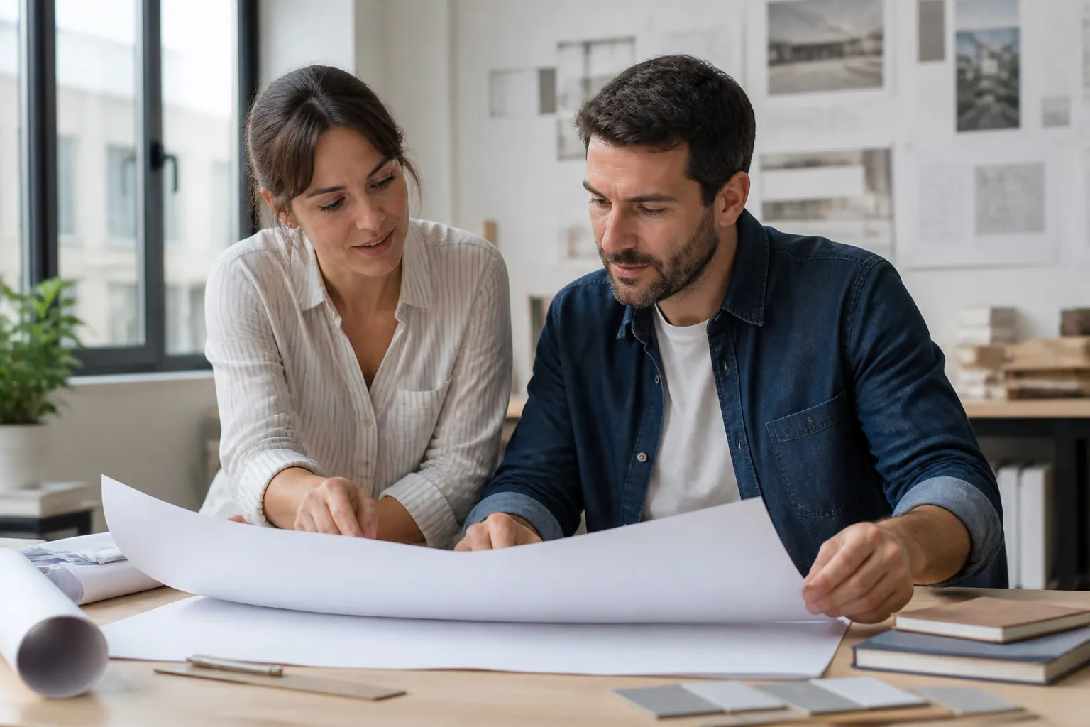 Two business owners reviewing blank website page plans at a desk