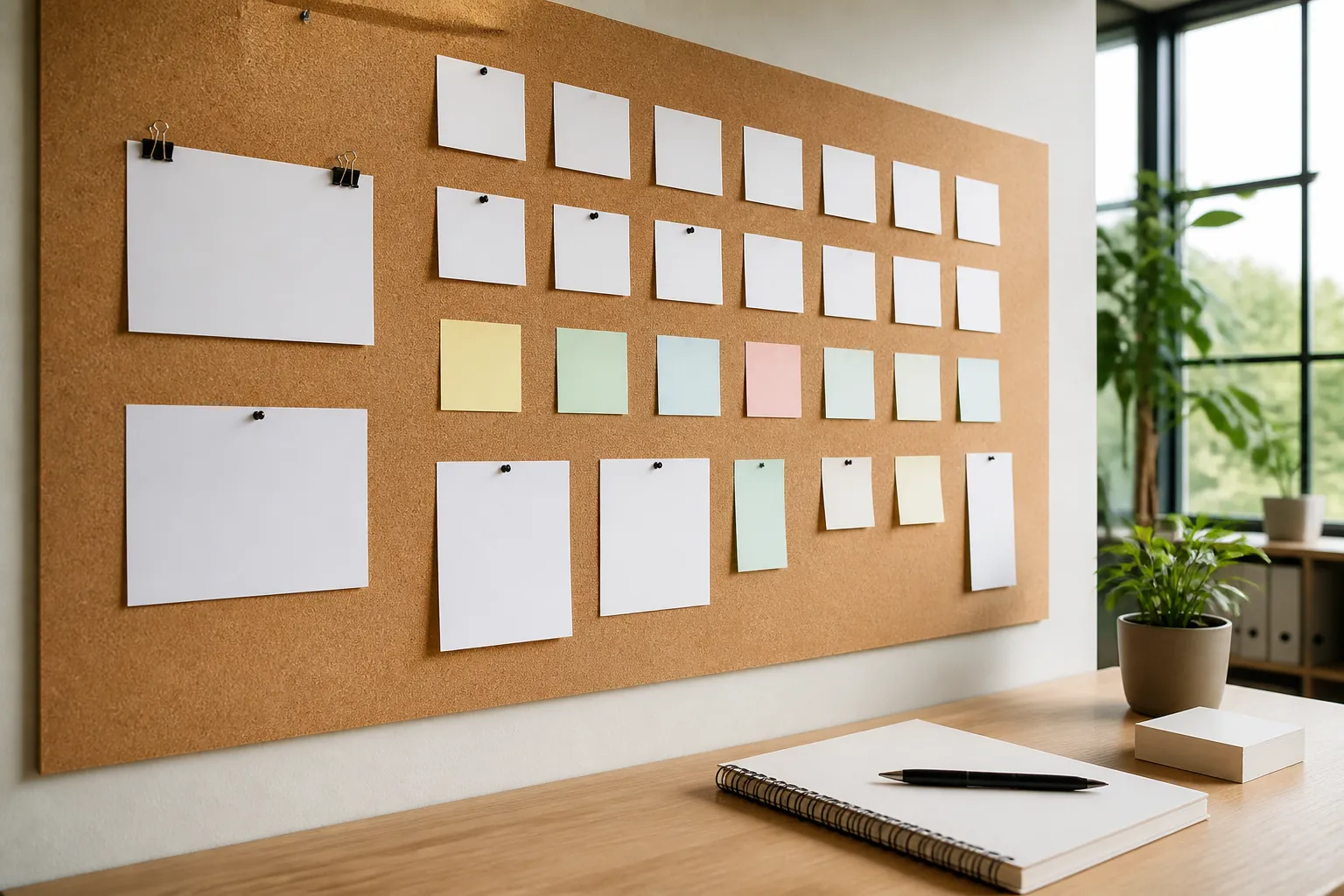 Organized website planning wall with blank cards and notebook