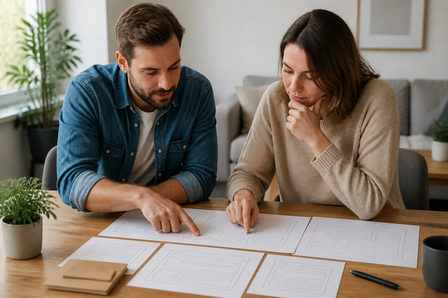Two business owners reviewing blank website page plans together