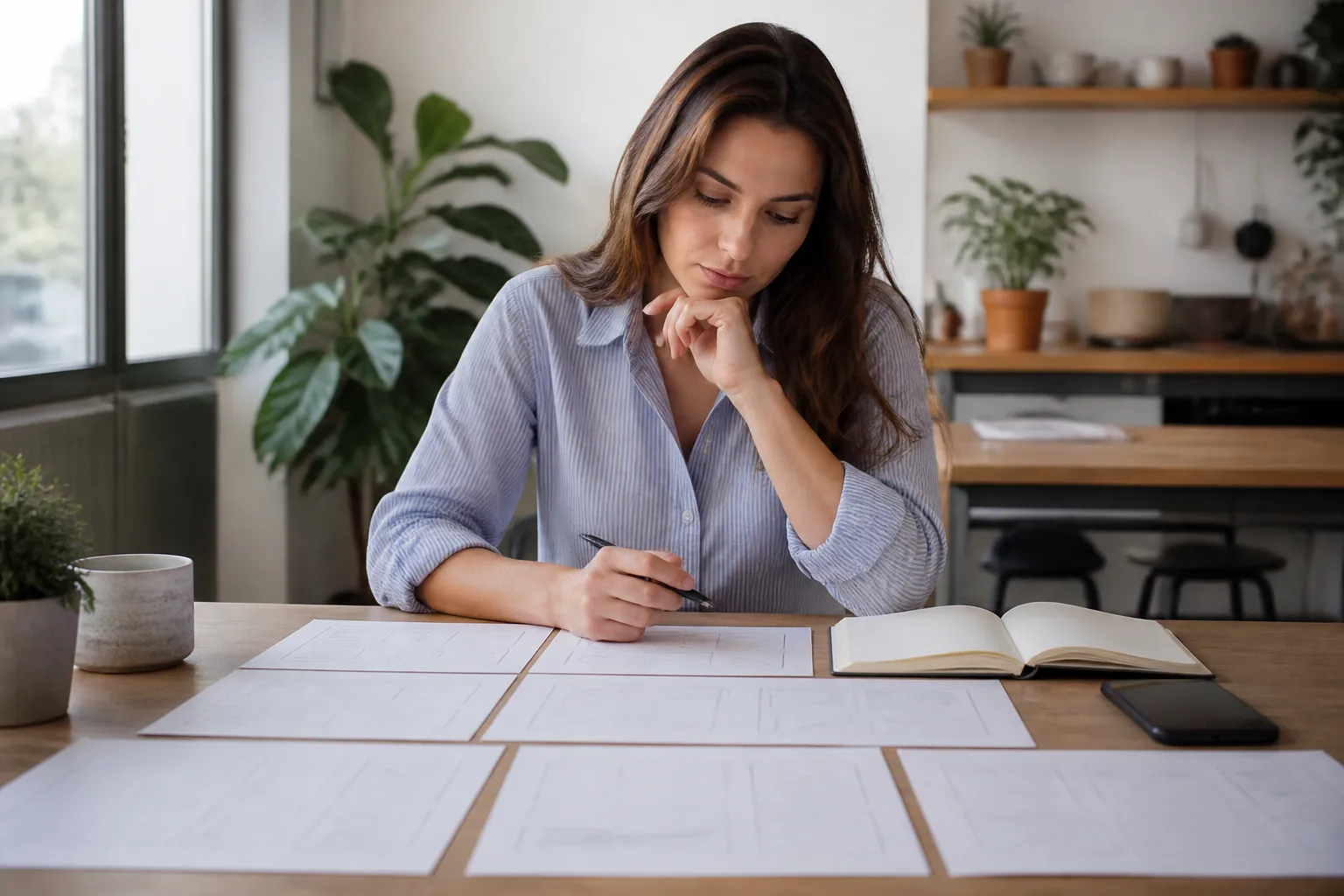 Small business owner reviewing blank website plans at a desk