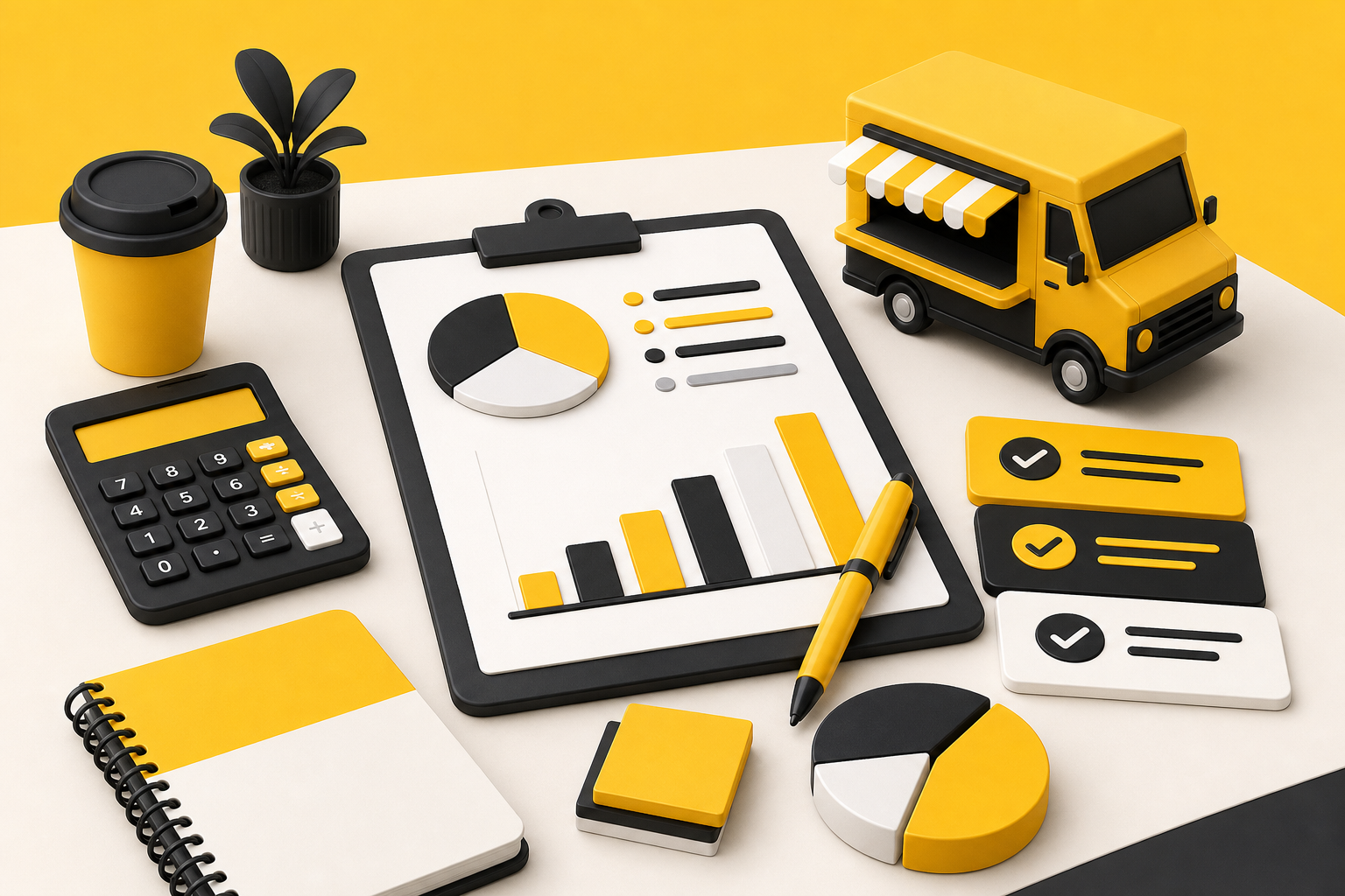 Business planning workspace with charts and checklists