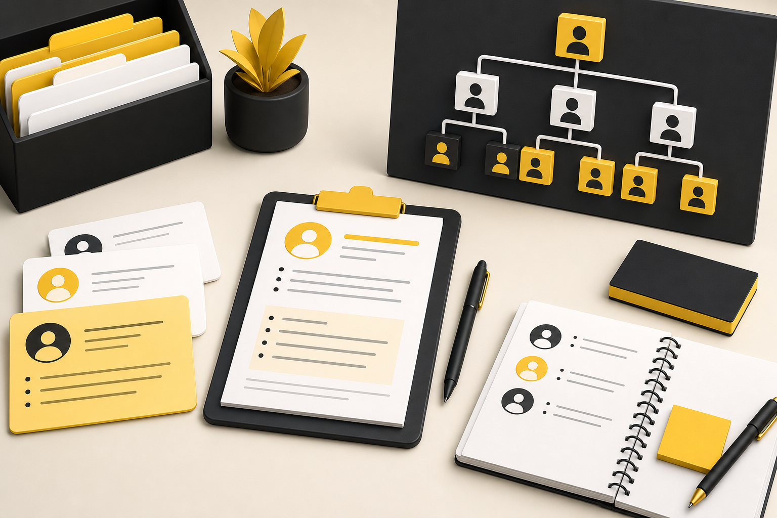Hiring documents and role cards arranged for planning