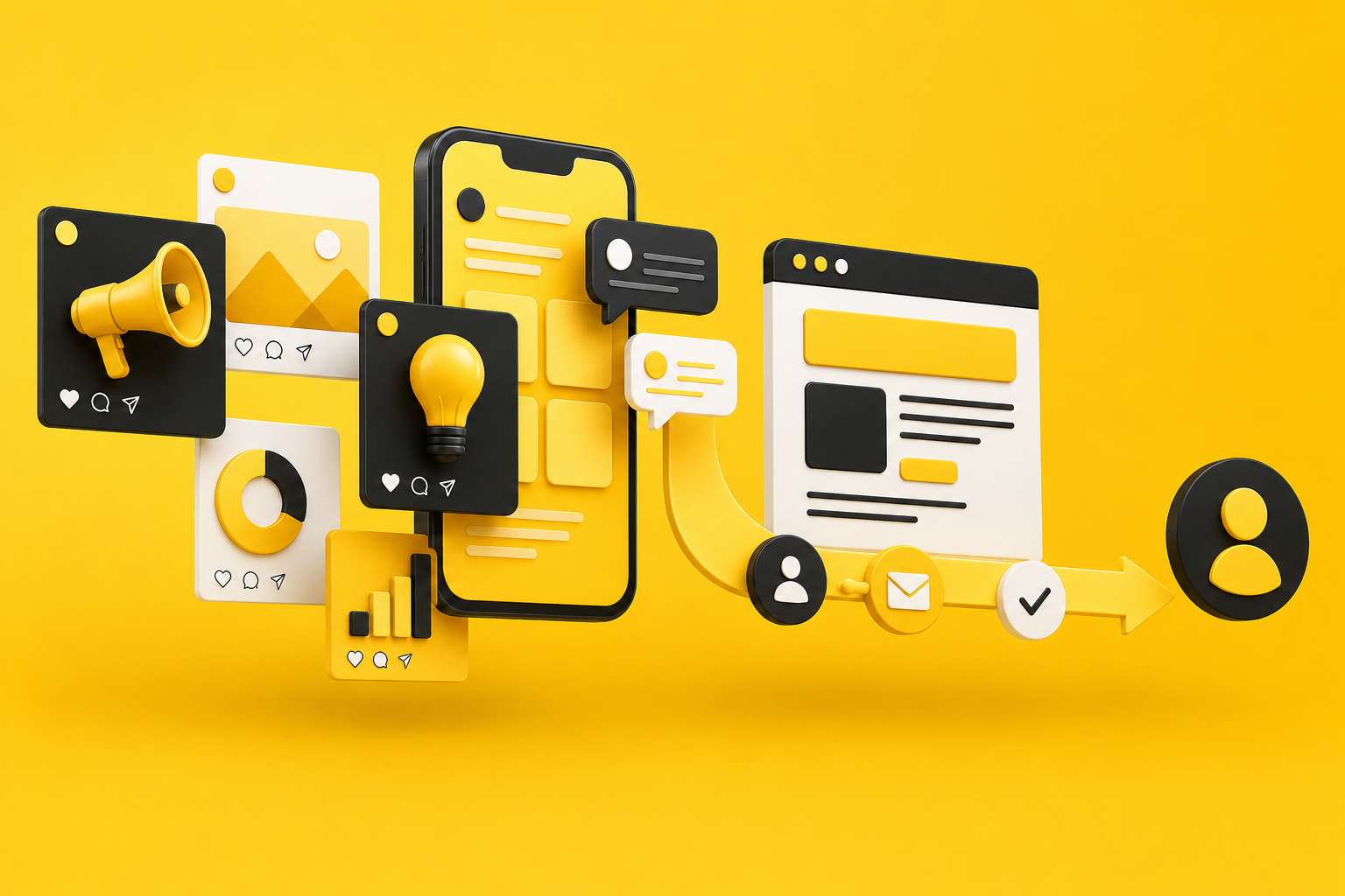 Social media content cards leading into a website