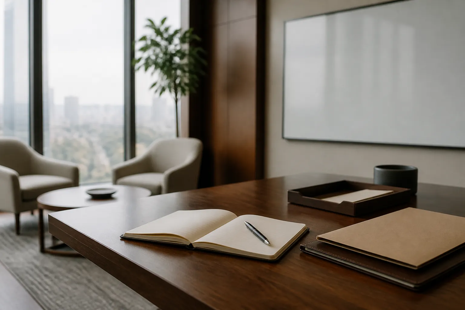 Executive planning workspace with blank notebook and briefing folders