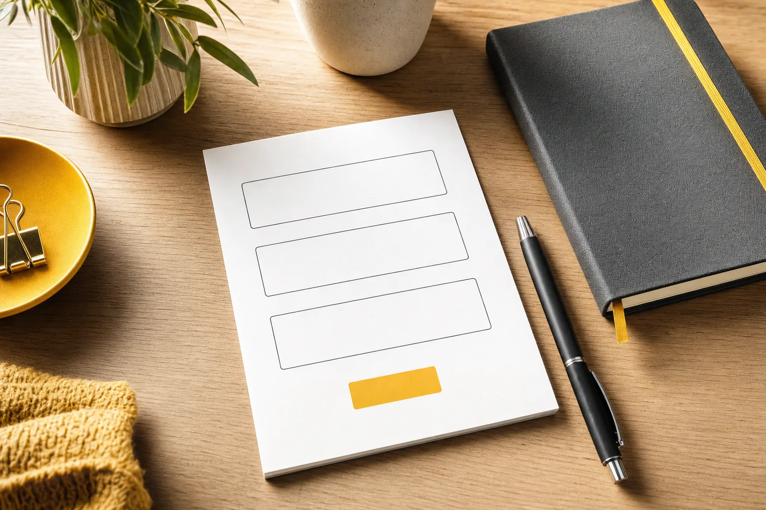Short inquiry form with three clear fields beside a notebook and pen