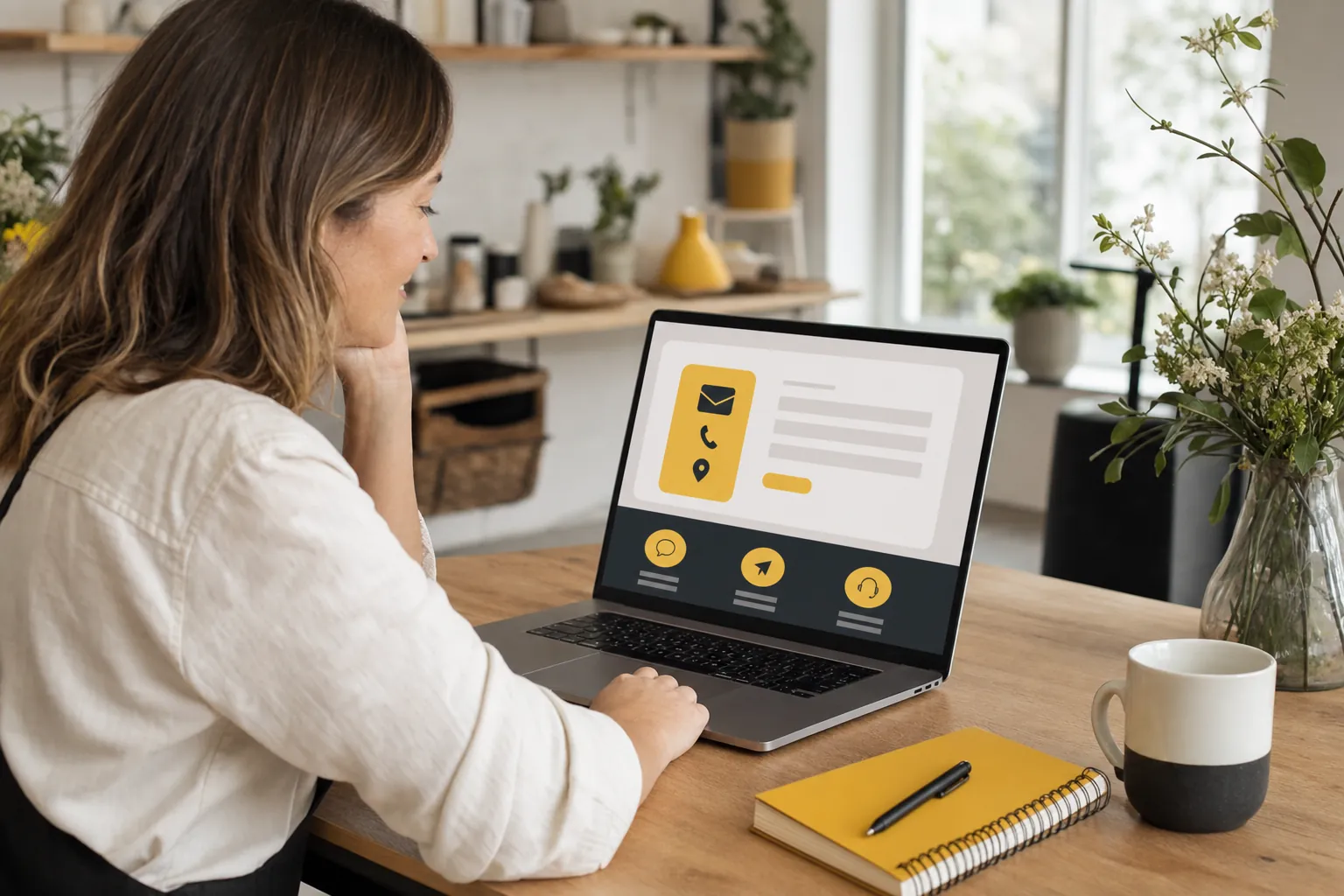 Small business owner reviewing a clear contact page on a laptop