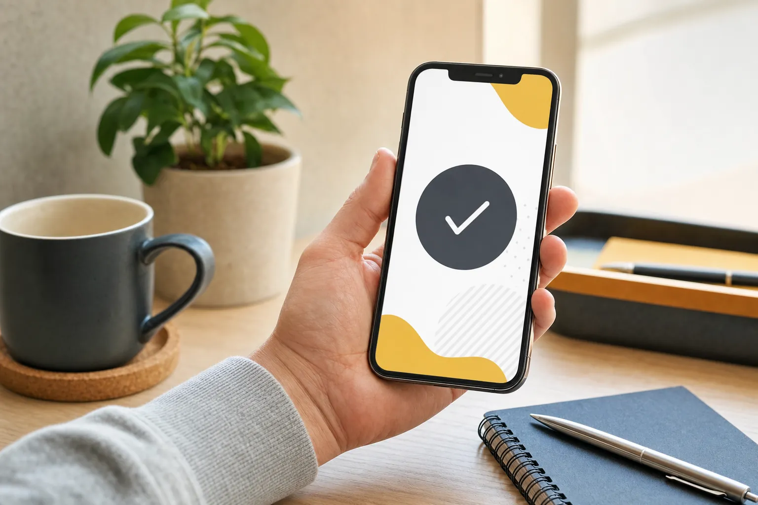 Customer holding a mobile phone with a clear contact confirmation screen