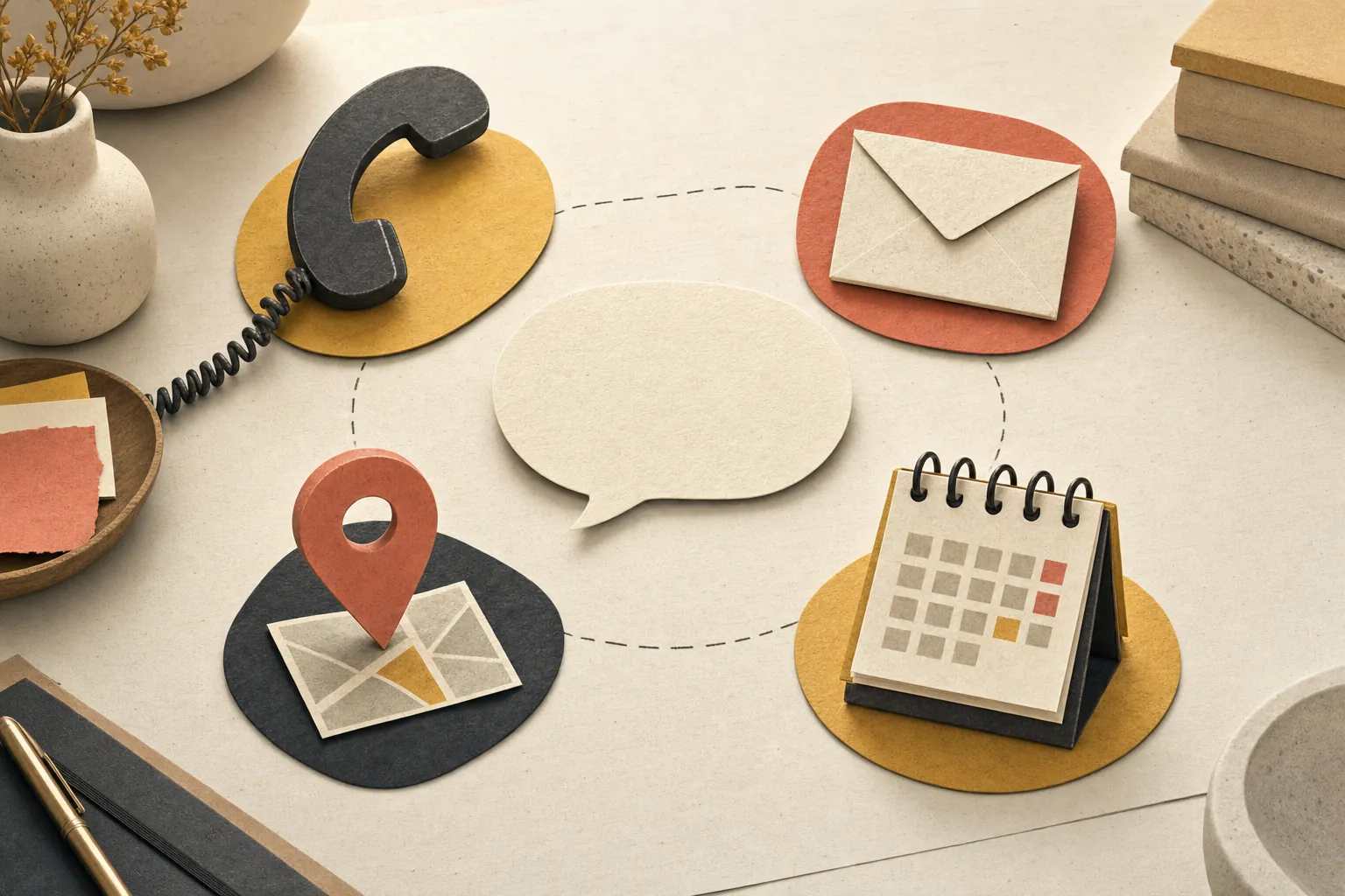 Phone, email, location, and appointment options arranged around a customer conversation