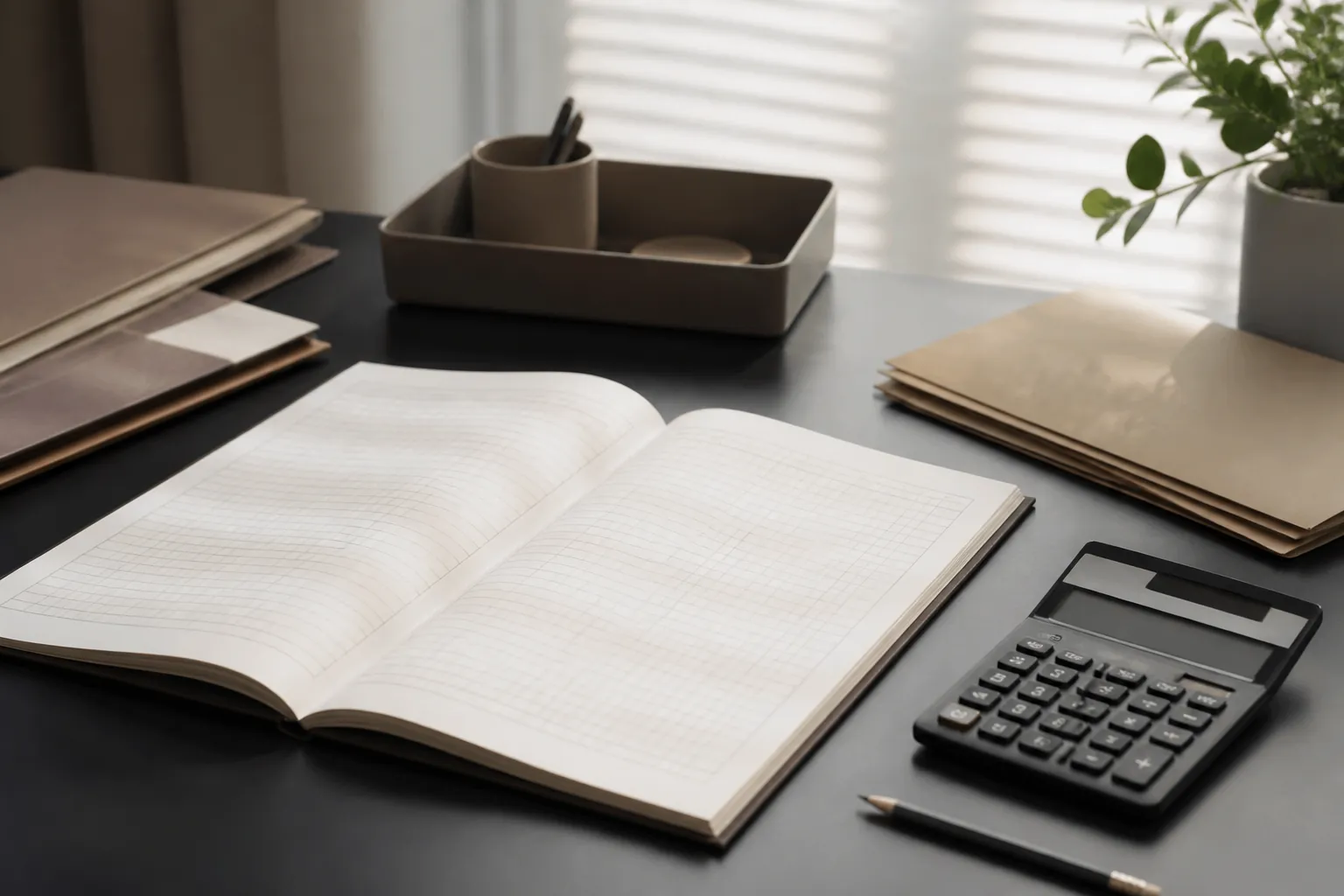 Organized finance workspace with blank ledger notebook and calculator