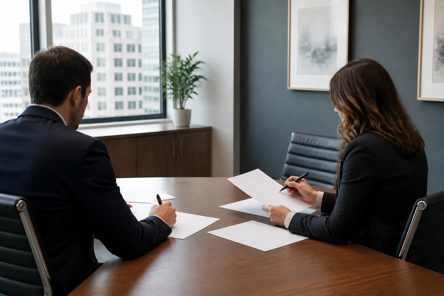 Two professionals reviewing blank finance documents in a meeting