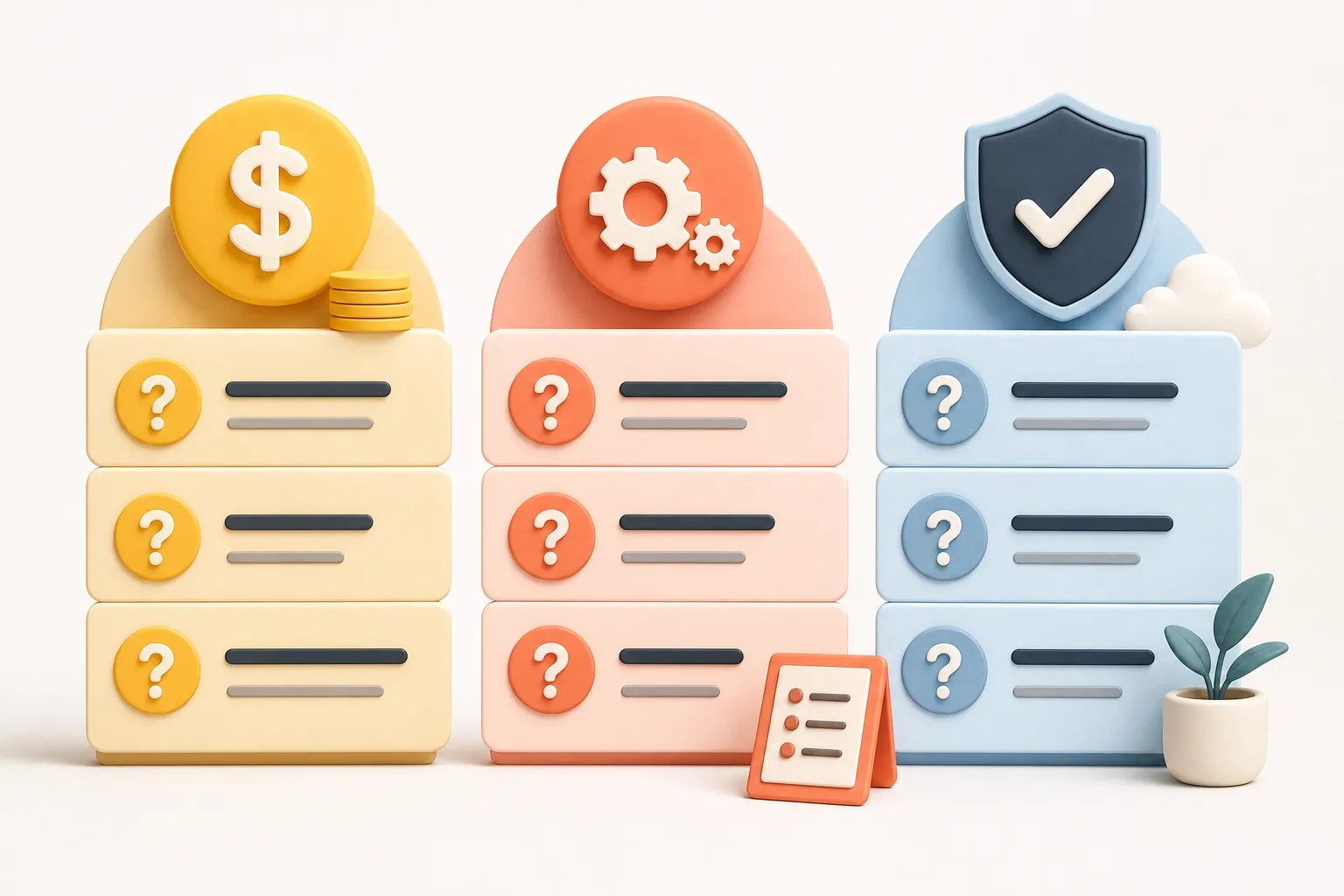 Three groups of frequently asked questions for pricing, process, and trust