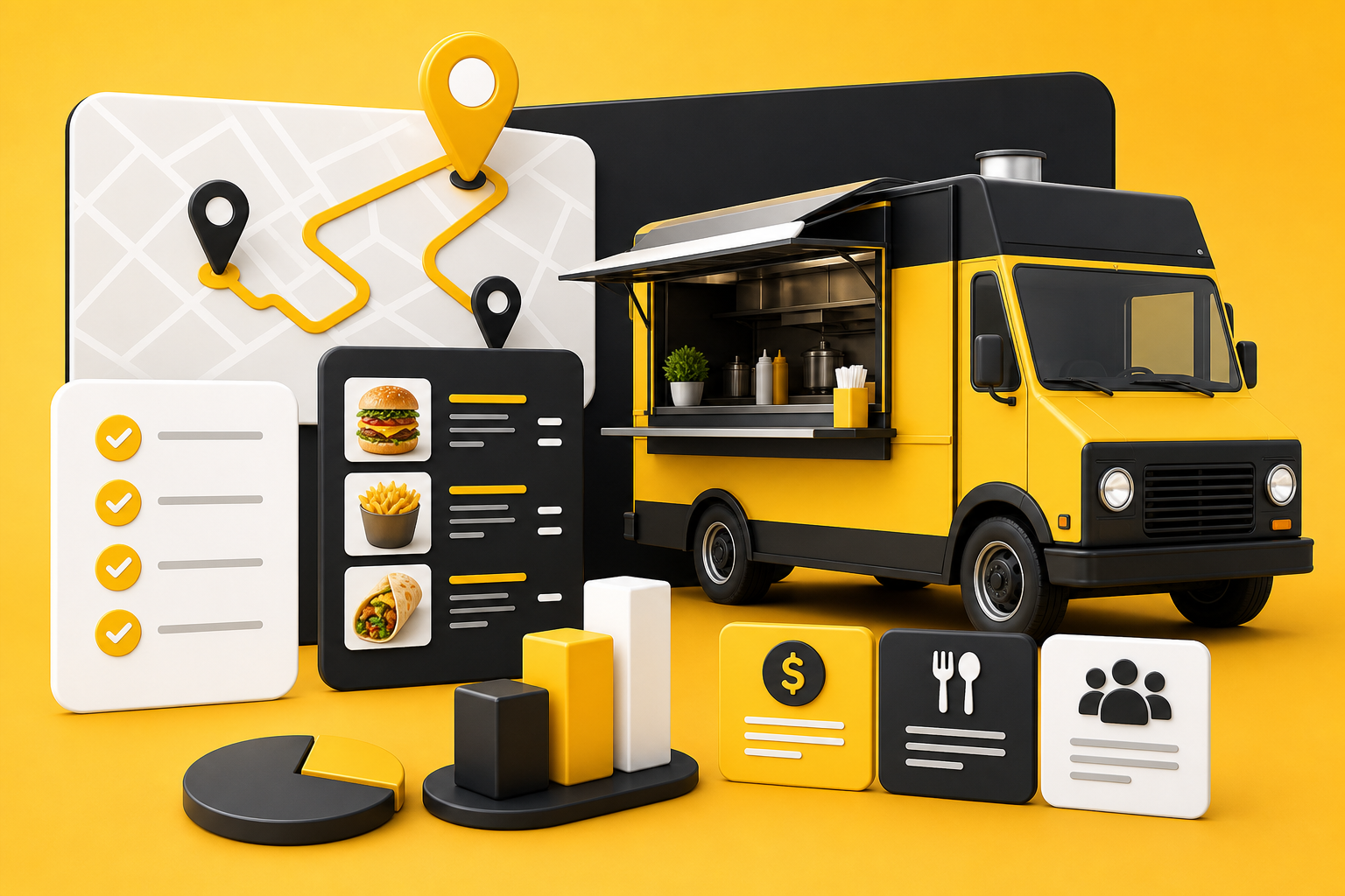 Food truck business plan with routes, costs, and operations cards