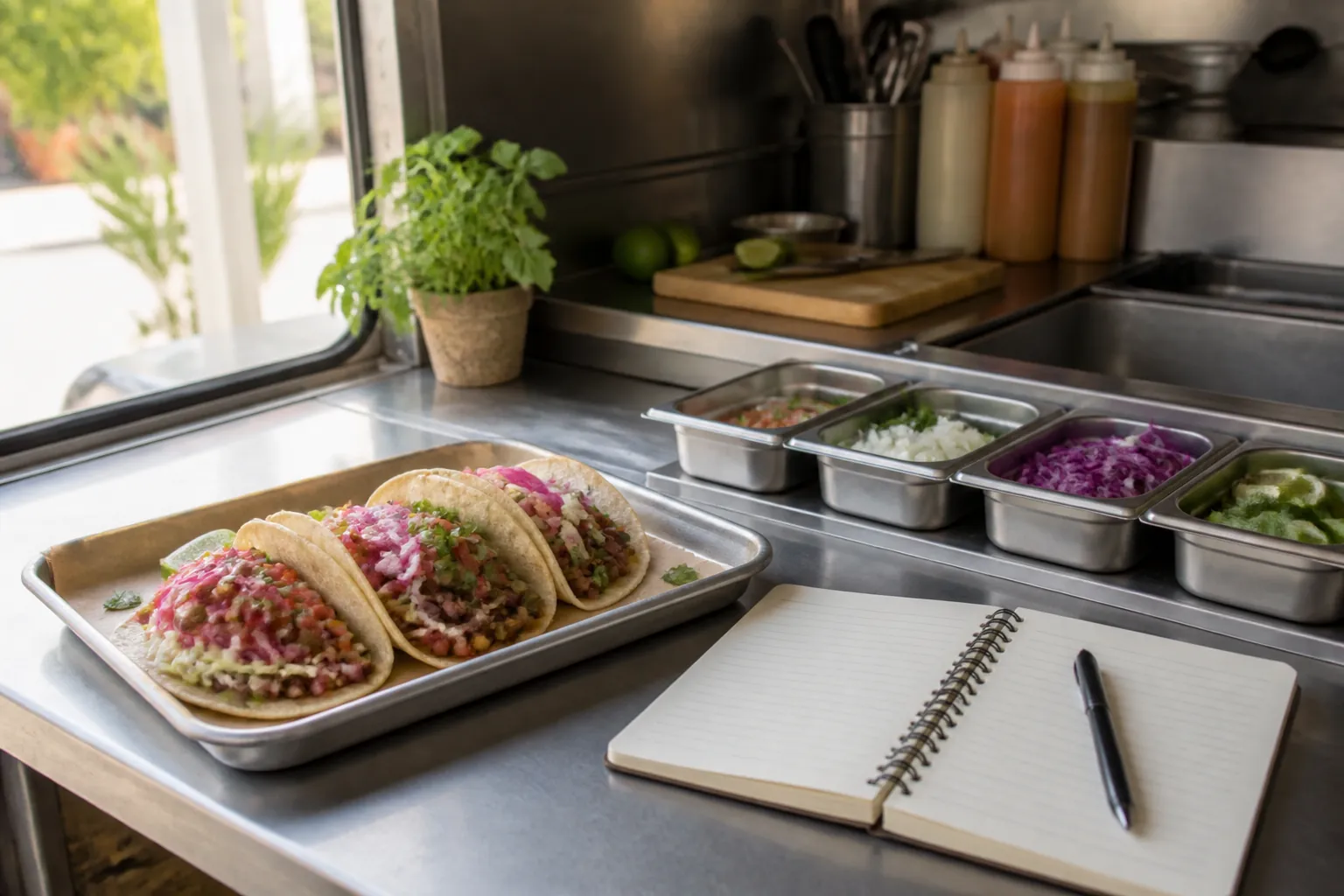 Food truck prep counter with tacos, ingredients, and a planning notebook