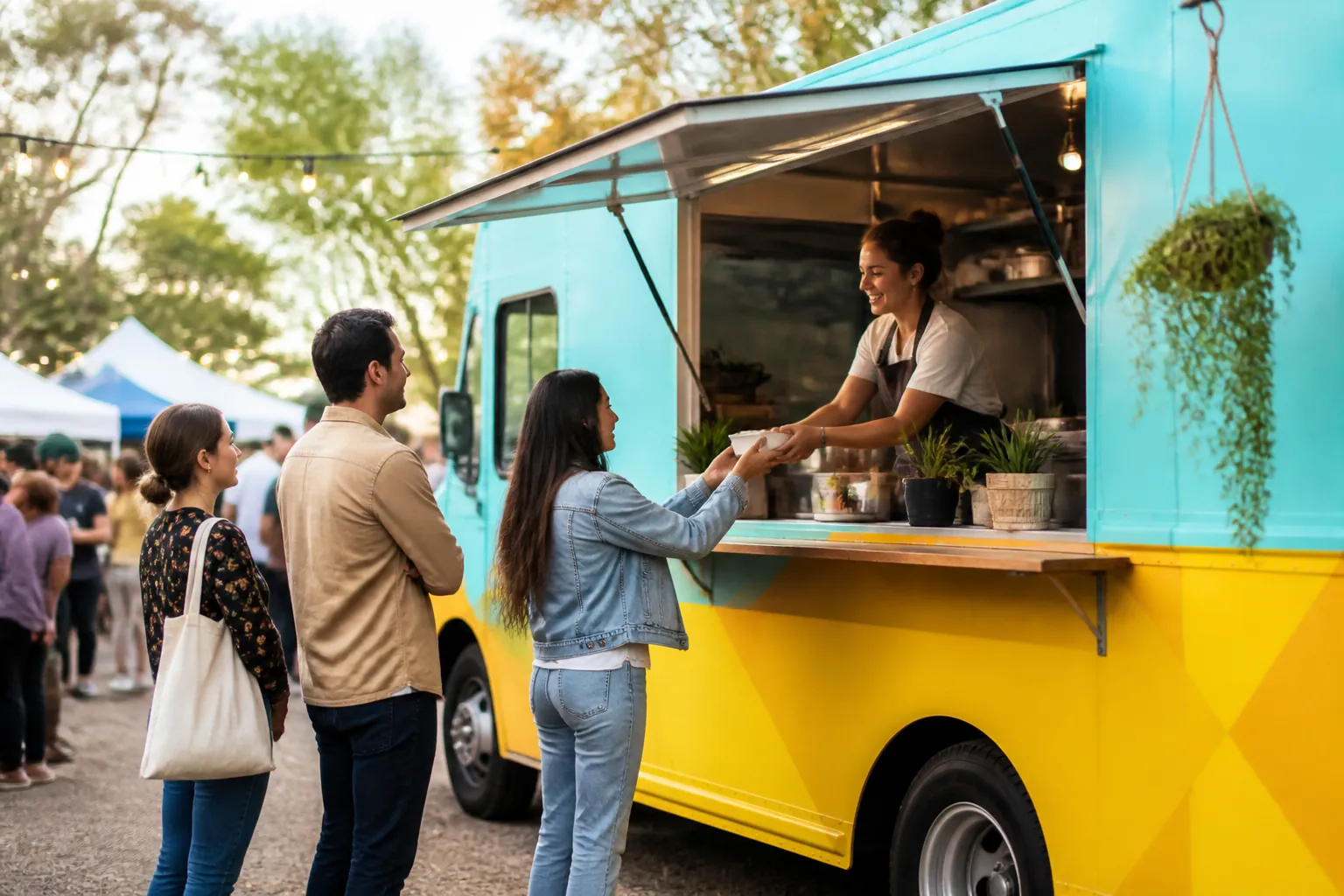 Independent food truck serving customers at an outdoor market