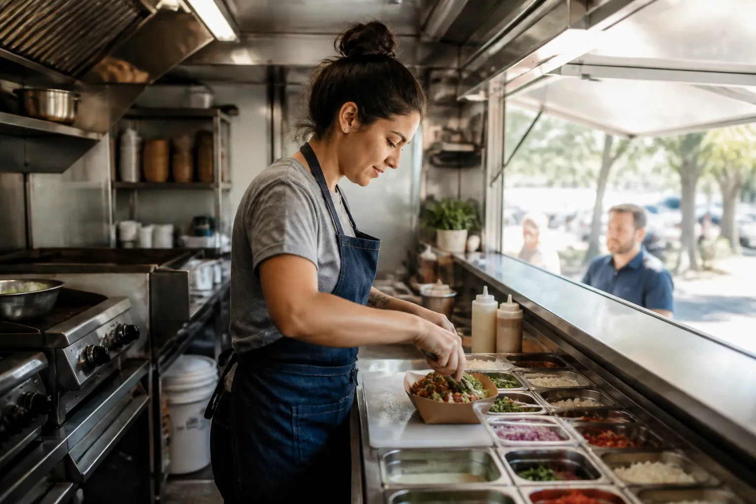 Cook working efficiently inside an organized food truck