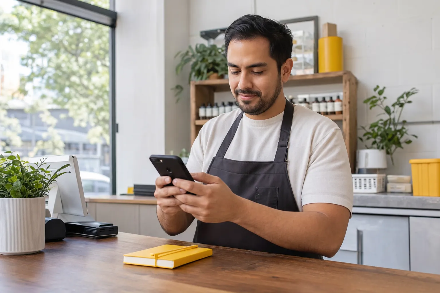 Small business owner checking customer contact details on a smartphone behind a shop counter
