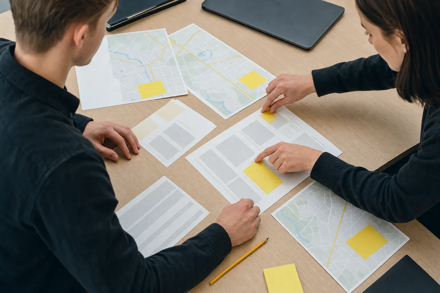 Two colleagues organizing website page maps and customer paths on a table