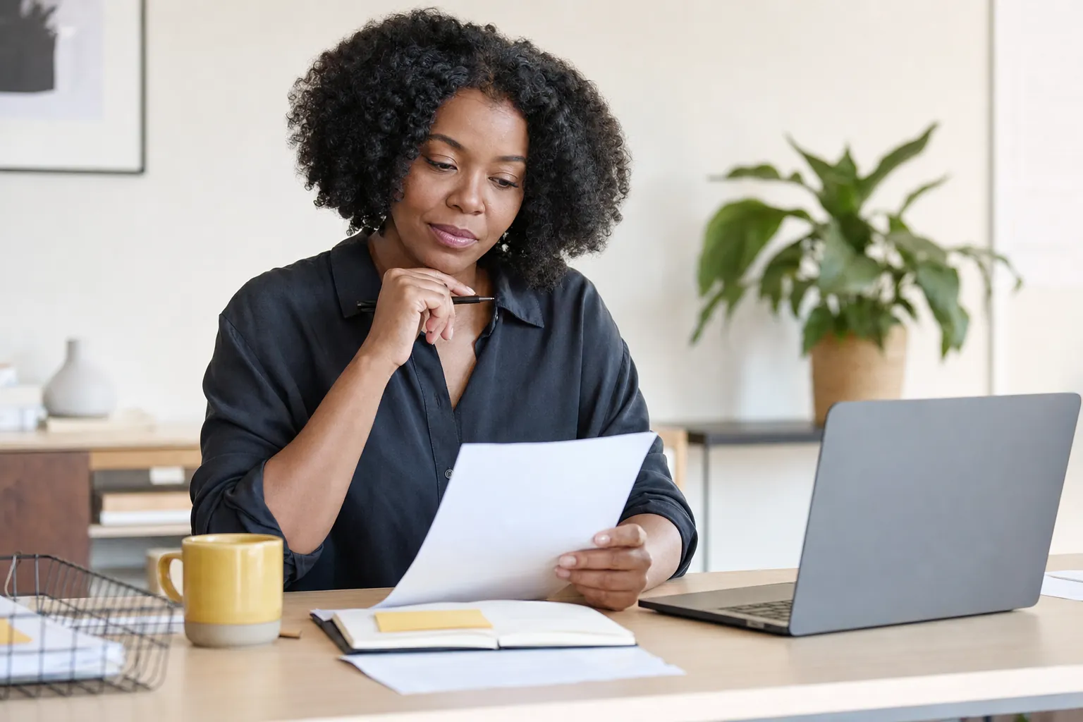 Business owner reviewing customer information and policy papers beside a laptop