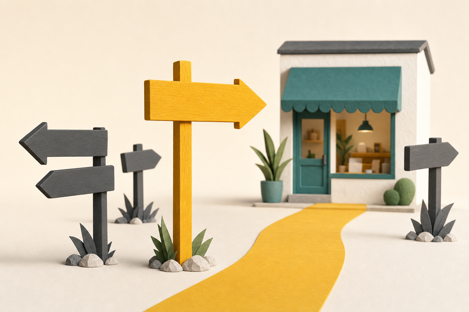 A clear yellow sign points toward a small storefront while gray signs point in other directions