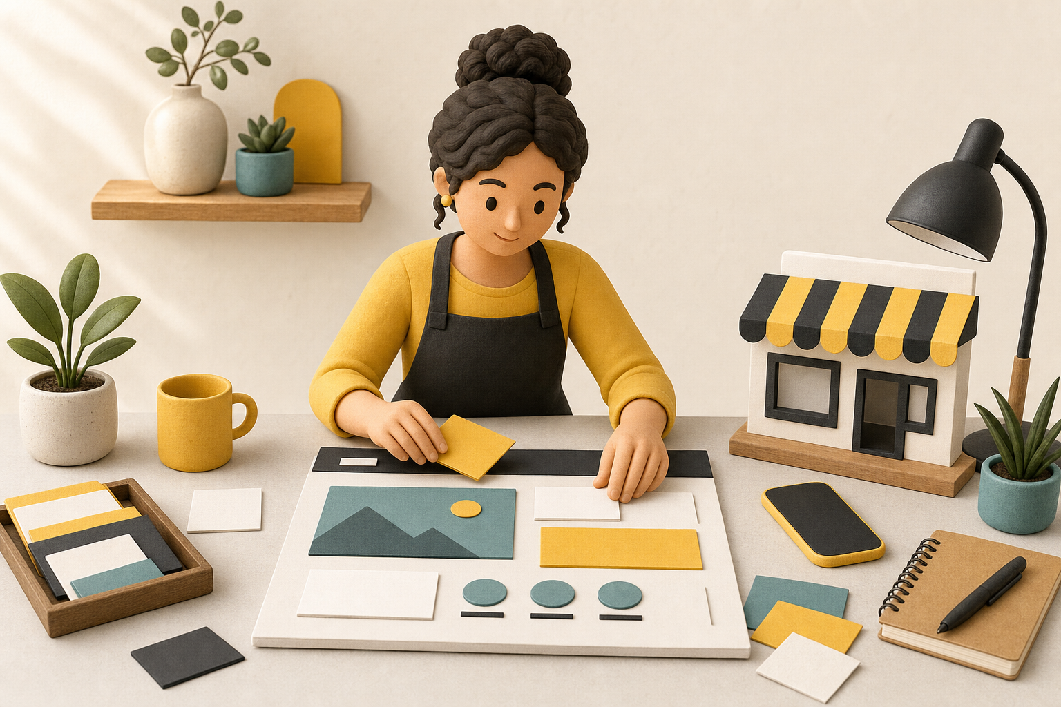 Small business owner arranging a simple homepage plan beside a model storefront