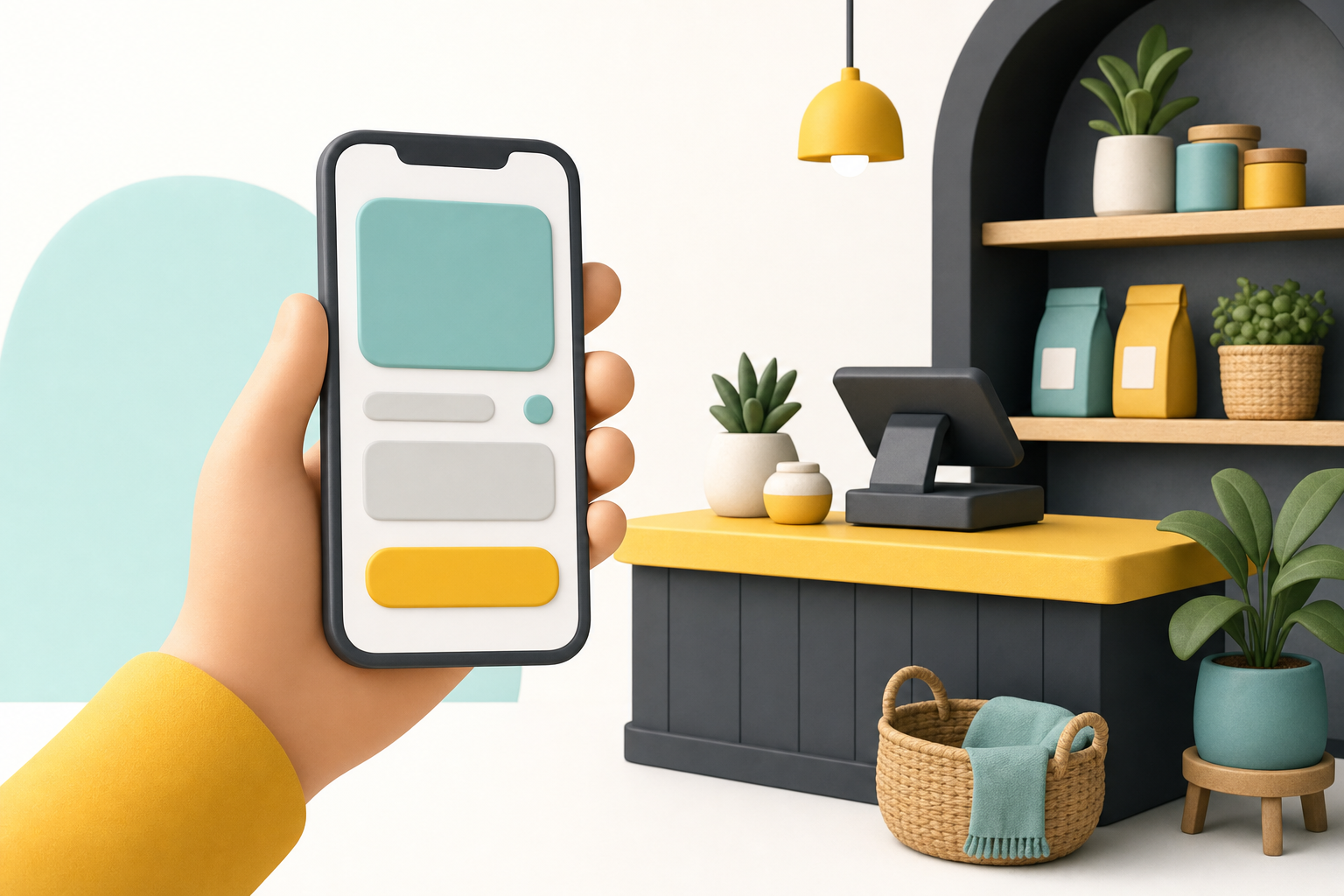 Hand holding a simple mobile homepage beside a small shop counter
