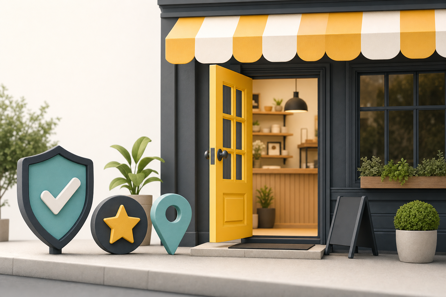 Open small-business storefront with a trust shield, star, and map pin displayed outside