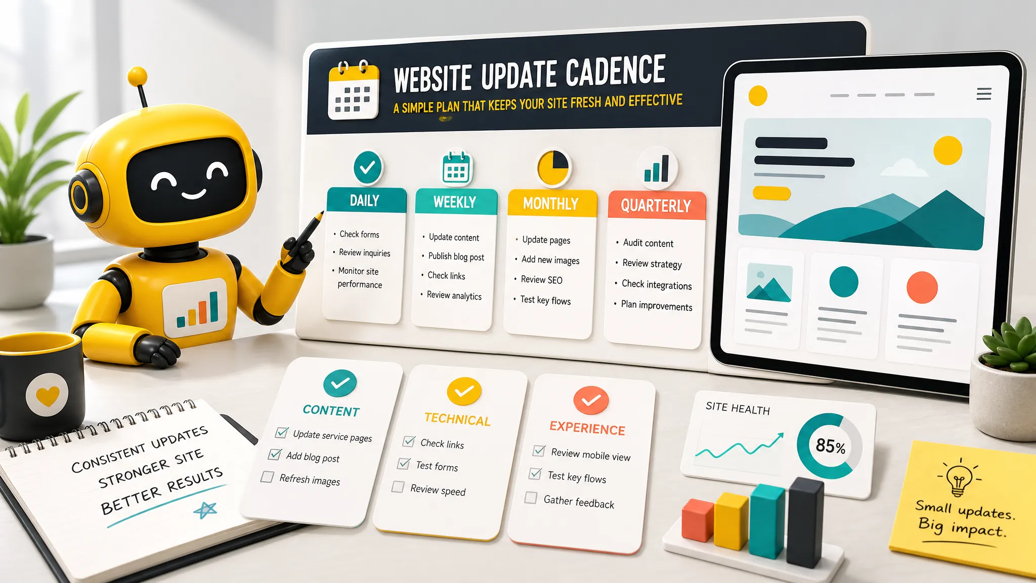 Theo robot reviewing a website update cadence board with daily, weekly, monthly, and quarterly tasks