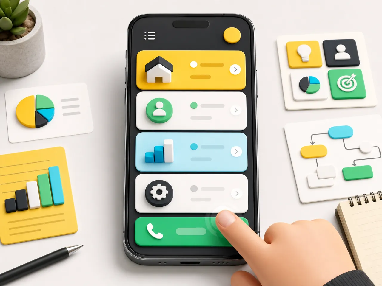 Mobile website menu with large tappable cards and a clear contact path