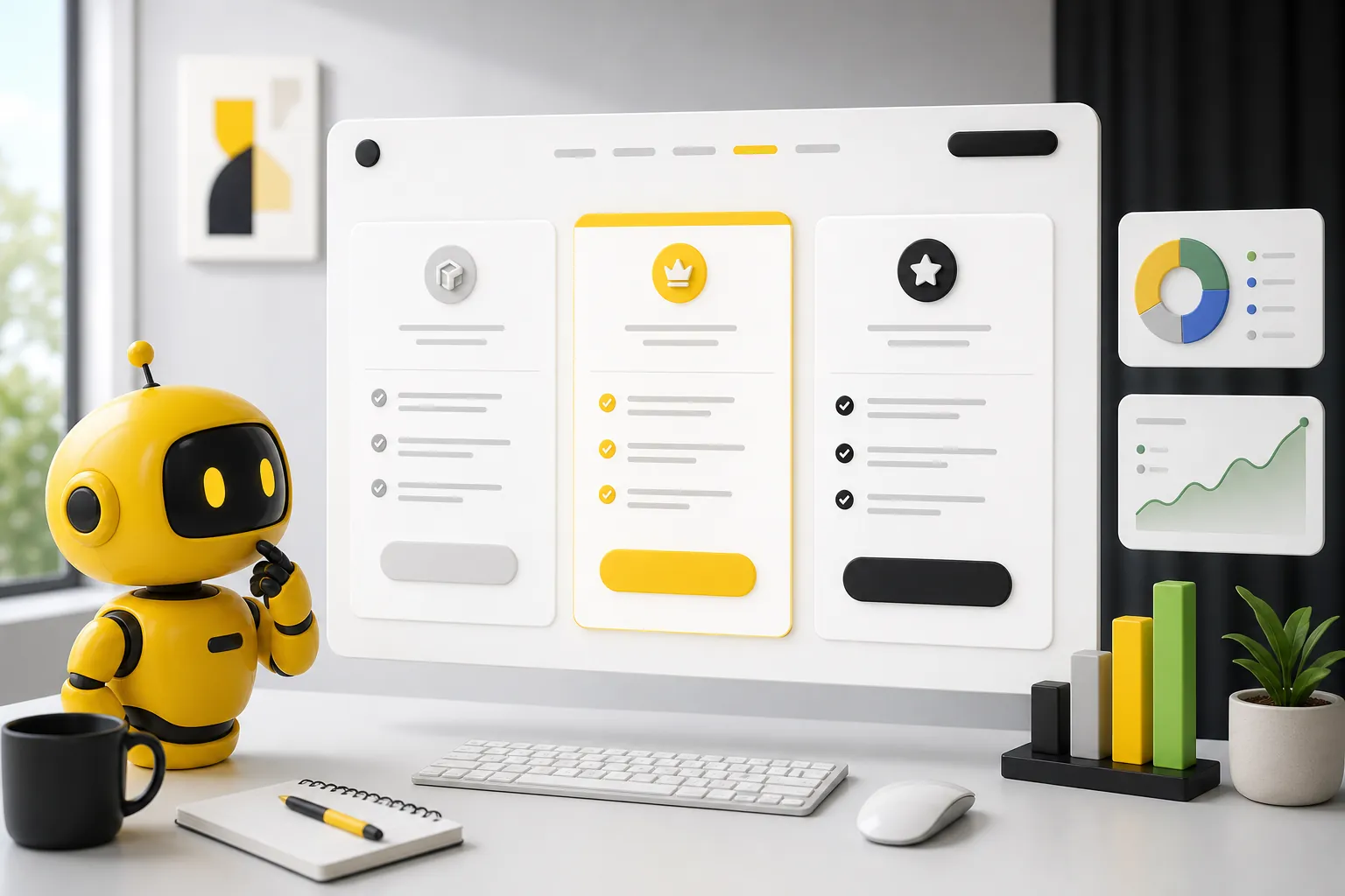 Theo robot reviewing a clear pricing page with three plan cards and growth charts