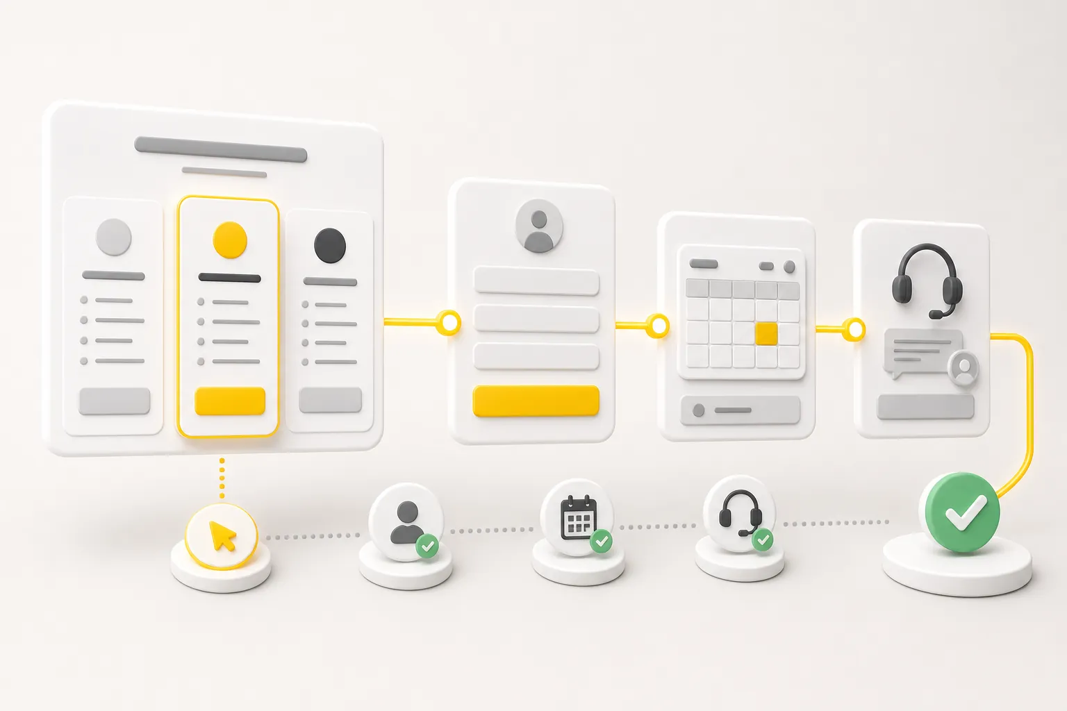 A clear pricing page path moving from plan choice to form, booking, support, and confirmation