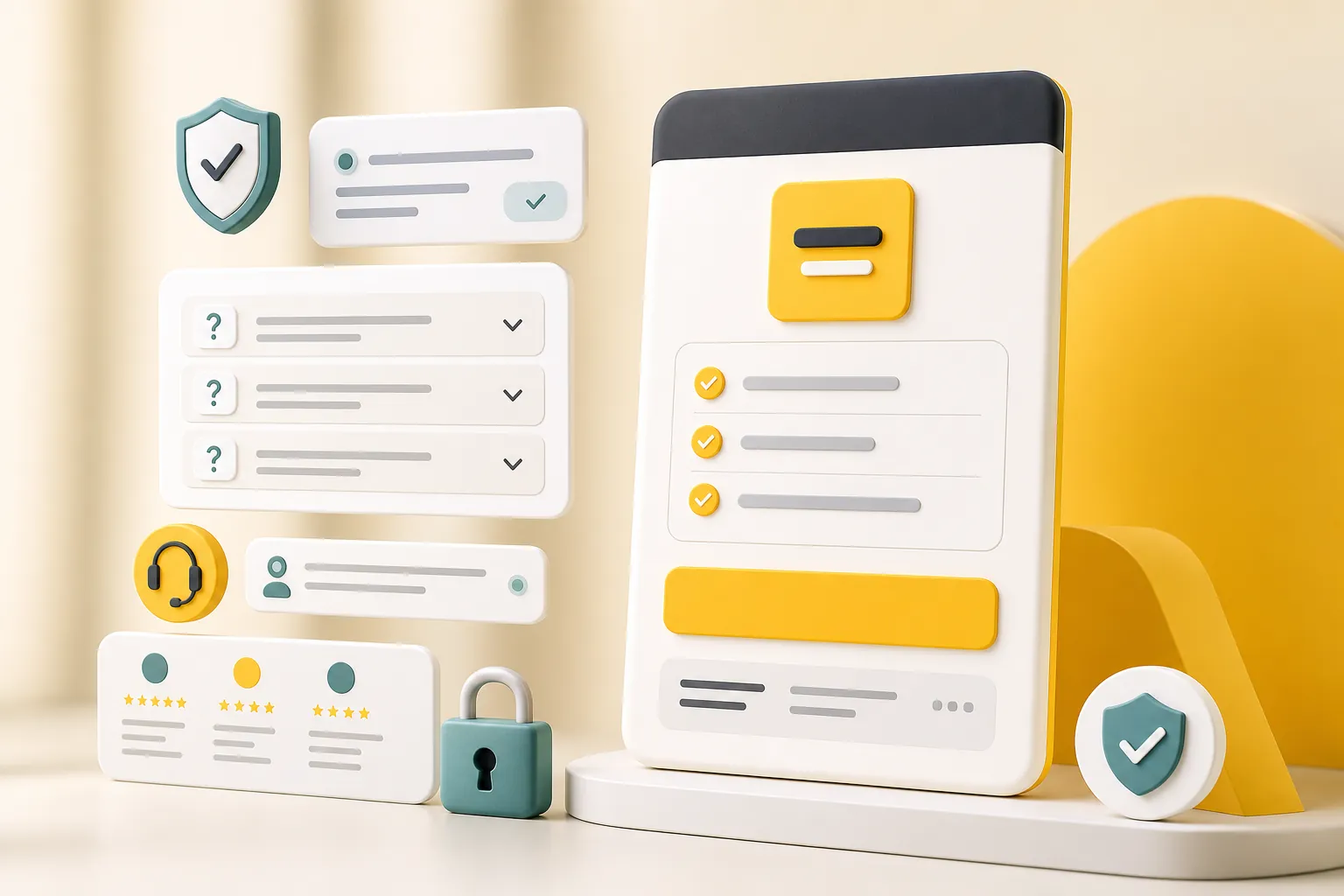 Pricing card surrounded by FAQ, support, proof, and security reassurance elements